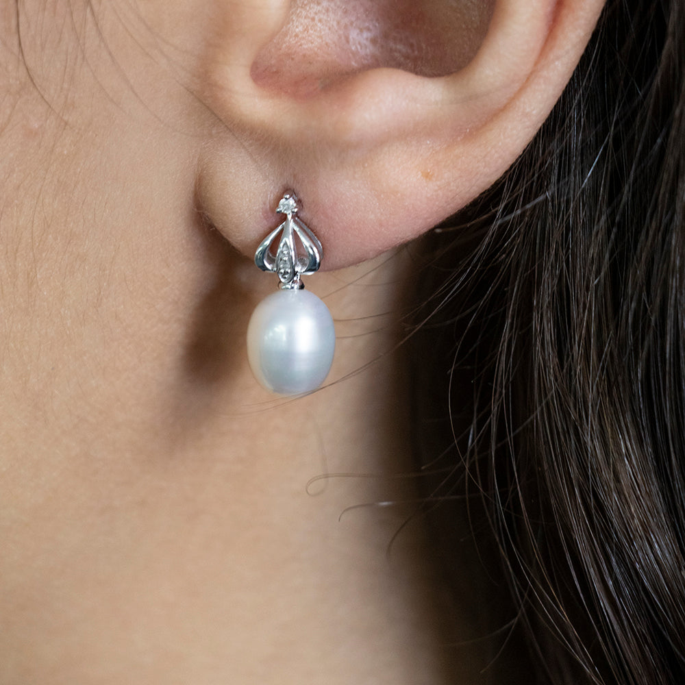 9ct White Gold Pearl and Diamond Earrings for Women - Elegant Stud Earrings for Wedding, Party & Special Occasions