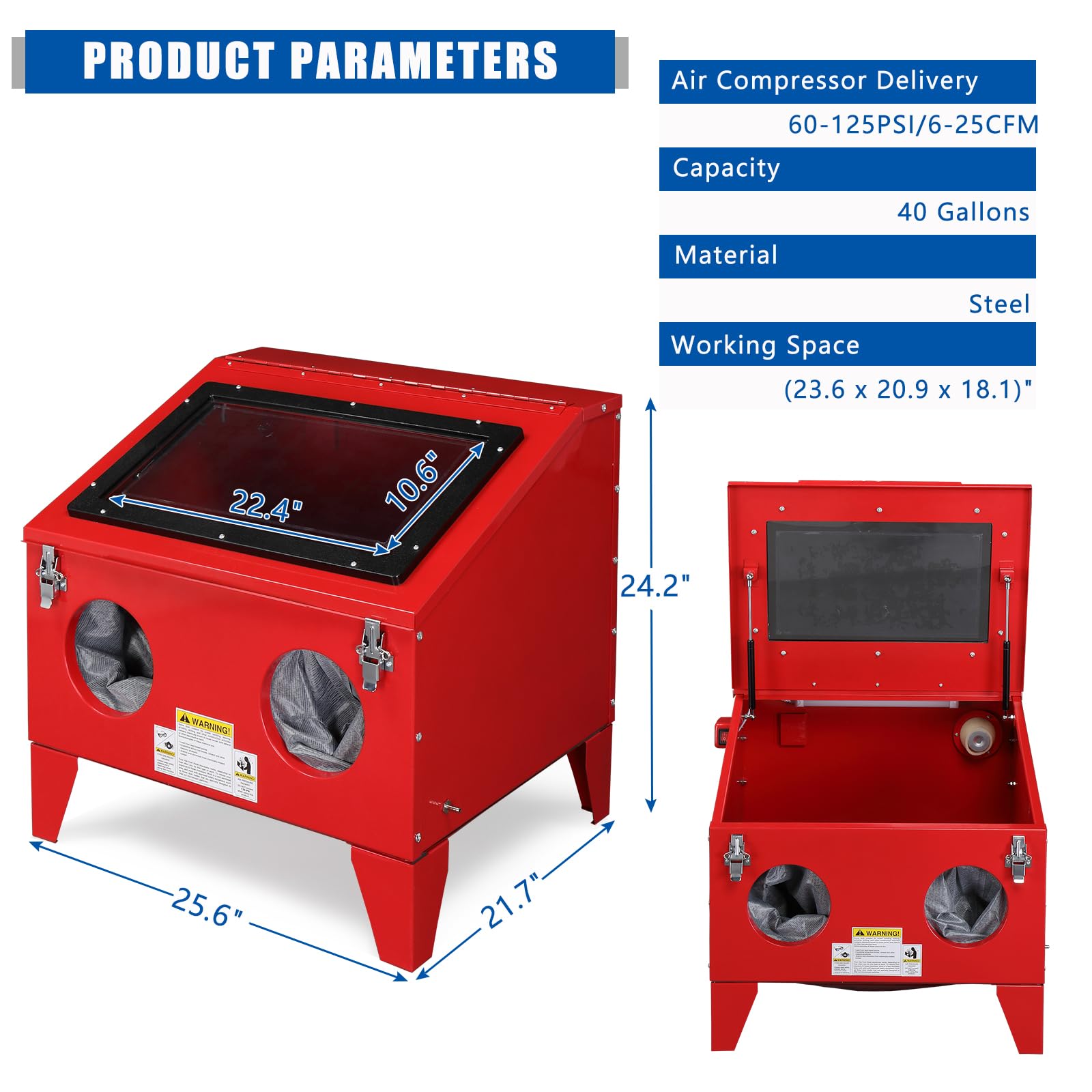 40 Gallon Portable Bench Top Sand Blasting Cabinet - Heavy Duty Steel Air Sandblaster with Spray Gun (60-125PSI/6-25CFM) for Rust, Paint & Stain Removal - Ideal for Automotive, Metalworking & DIY Projects