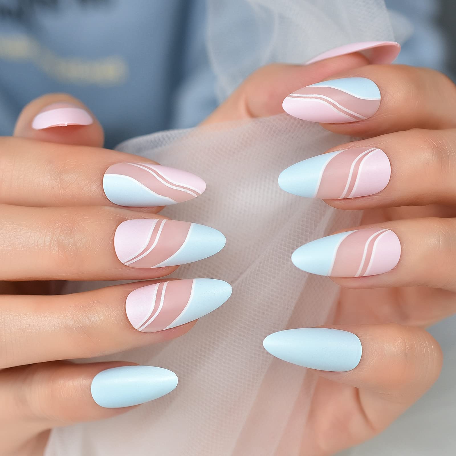 24pcs Press On Nails - Glossy Almond Medium Length with Pink & Blue Ripple Design, Reusable Acrylic False Nails for Manicure | Perfect for Daily Wear, Office & Home Use | Easy DIY Nail Art for Women & Girls