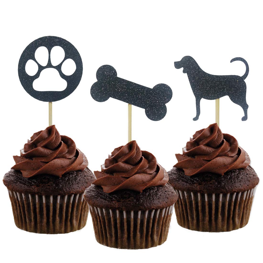 24 PCS Black Glitter Dog Paw & Bone Cupcake Toppers - Edible Cake Decorations for Baby Shower, Birthday, Wedding Party (Perfect for Pet Lover Celebrations & Dog-Themed Events)