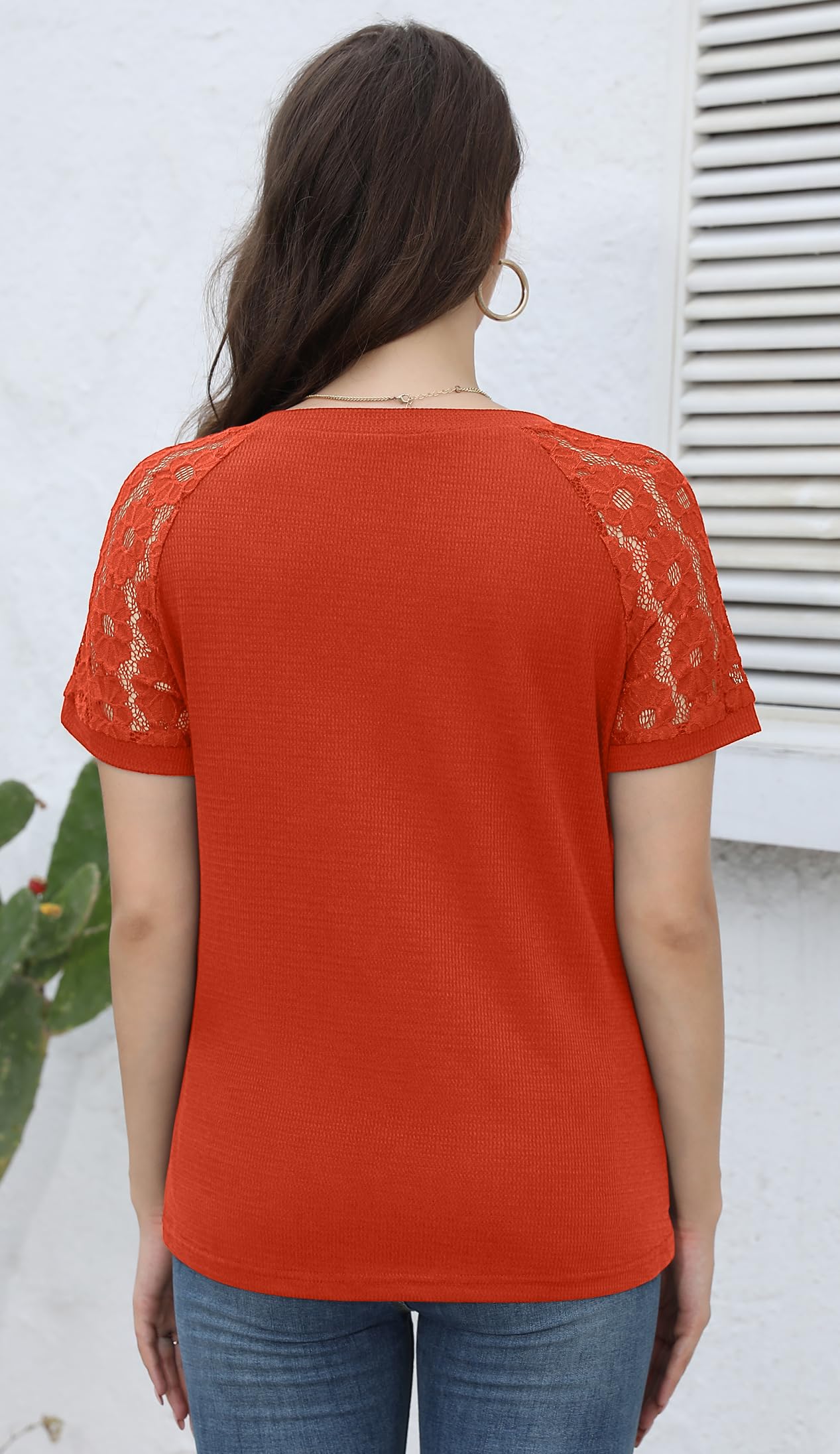 Jouica Women's Summer Lace Short Sleeve V-Neck Blouse - Loose Casual Waffle Tee Top for Beach, Vacation & Everyday Wear