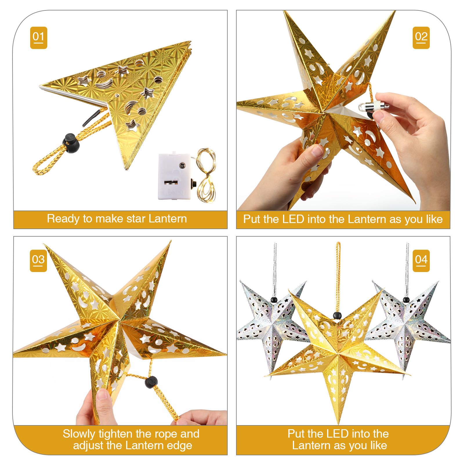 10 Pack 3D Christmas Paper Star Lanterns with LED Lights - Hanging Party Decorations for Xmas, Independence Day, Home, Wedding & Outdoor Events