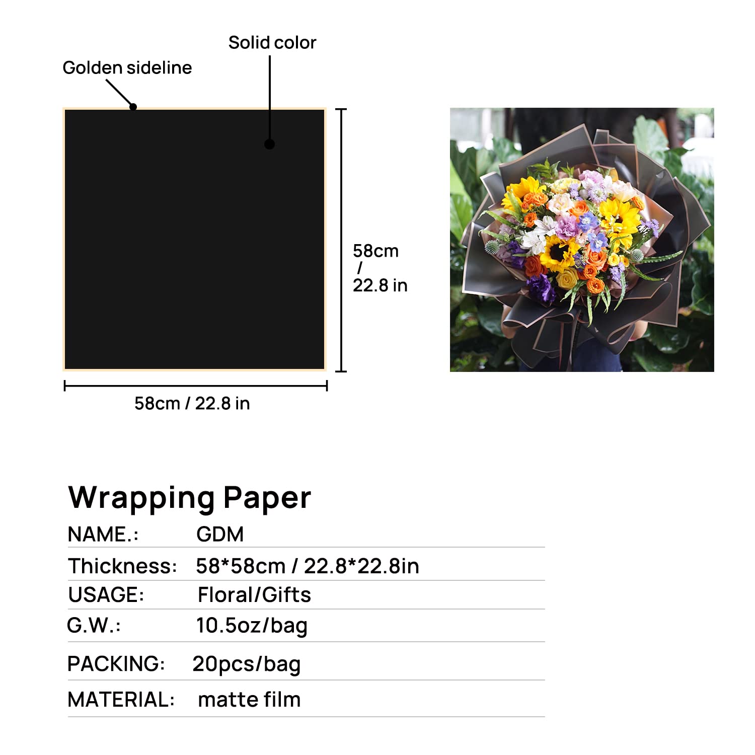 Frosted Gold Wrapping Paper - 20 Sheets 22.4x22.4 Inches, Semi-Transparent Waterproof Plastic for DIY Flower Packaging, Gift Wrapping & Craft Supplies (Black) - Perfect for Birthday, Wedding & Holiday Presents