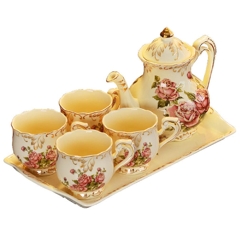 Premium Bone China Coffee Cup Set - Floral Design Teacup with Saucer, Spoon & Filter, 5-Piece Gift Set for Afternoon Tea, Bridal Shower & Elegant Home Decor