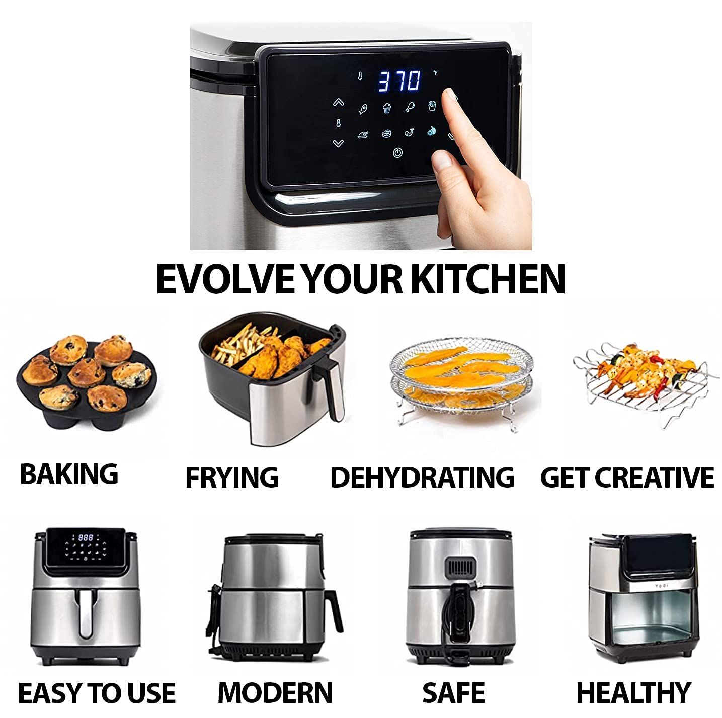 Yedi Evolution Air Fryer 6.8 Quart - Stainless Steel Digital Air Fryer with Ceramic Non-Stick Basket, Deluxe Accessory Kit & Recipe Book - Healthy Oil-Free Cooking for Family Meals, Snacks & Meal Prep