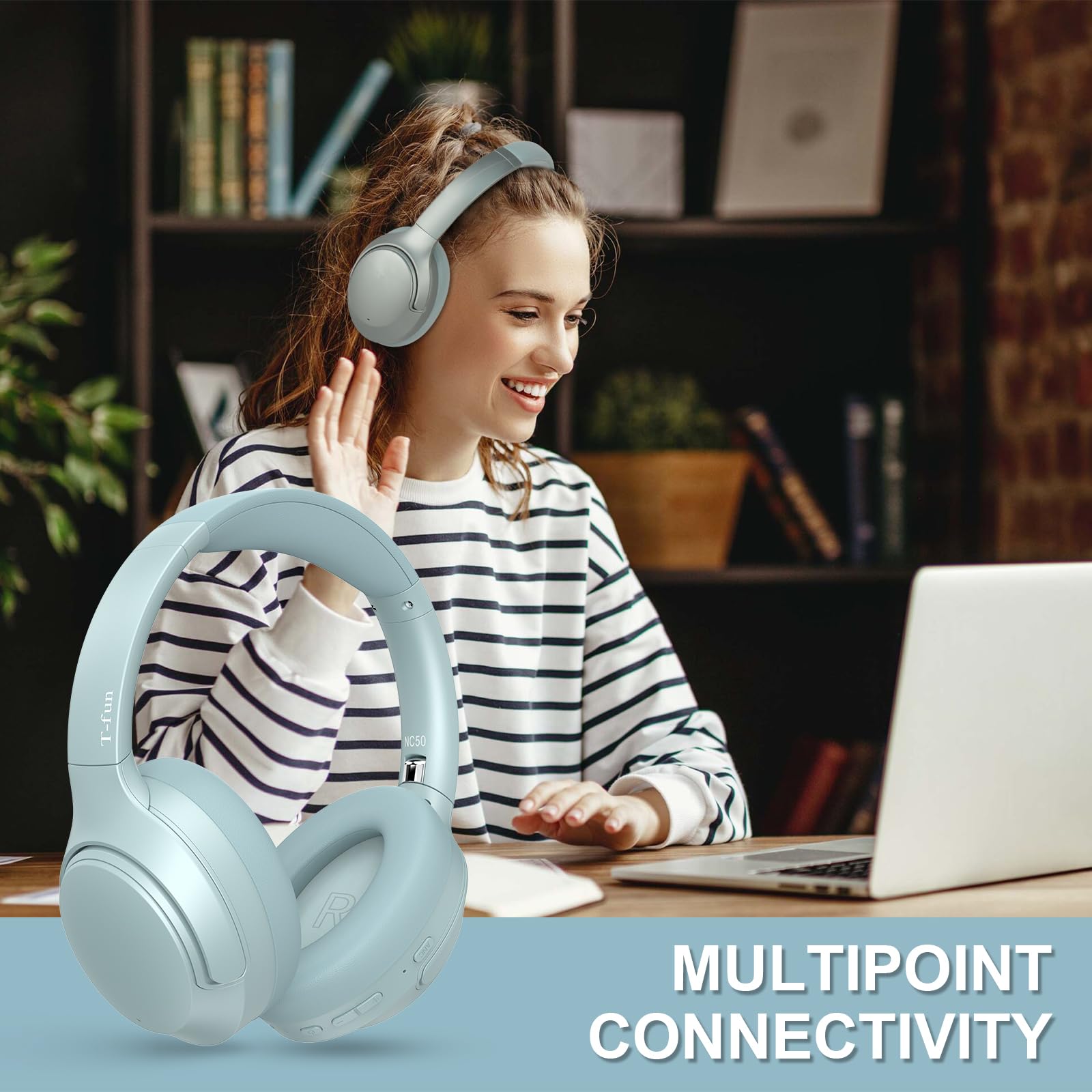 T-fun NC50 Hybrid Active Noise Cancelling Wireless Bluetooth 5.3 Headphones - Foldable Over Ear Design with App Custom EQ, 65H Playtime, Low Latency Gaming Mode & Multipoint Connection - Perfect for Travel, Work & Gaming