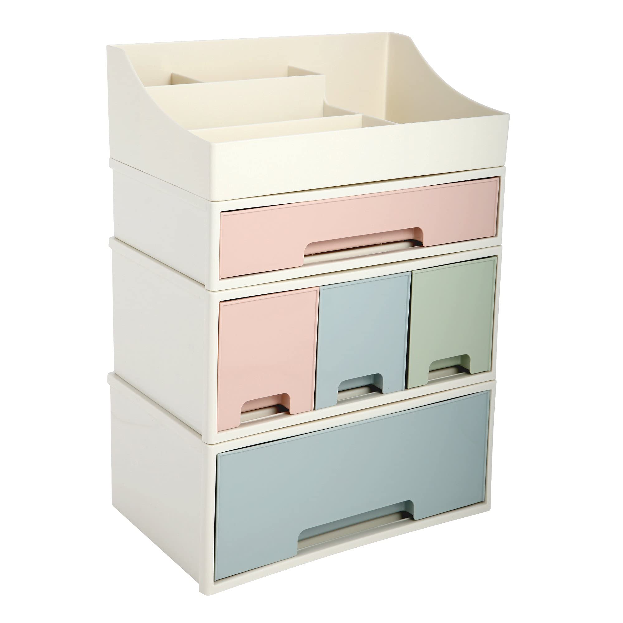5-Drawer Makeup Organizer & Cosmetic Storage Box - Desktop Stationery Holder, Remote Control Organizer, Kitchen Spice Box (4-Piece Set, Blue/Pink/Green) - Perfect for Bedroom Vanity, Office Desk & Kitchen Counter Organization
