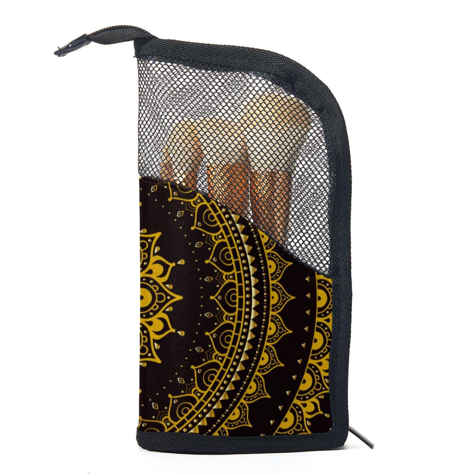 Golden Floral Mandala Makeup Brush Organizer Bag with 12 Brushes - Portable Cosmetic Brush Holder Case Set for Travel & Home Vanity Organization
