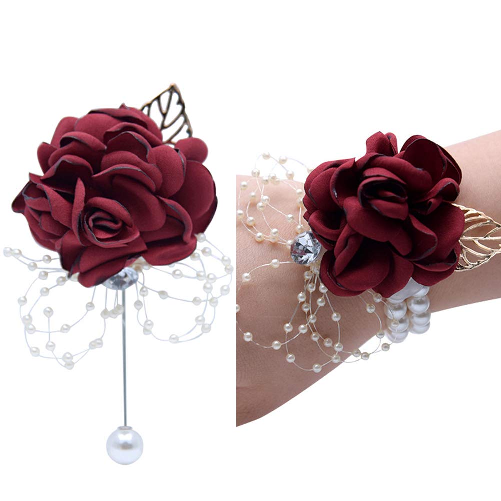 Elegant Burgundy Artificial Rose Wrist Corsage & Boutonniere Set for Weddings, Prom, Brides & Bridesmaids - Perfect for Formal Dances, Ceremonies & Special Occasions
