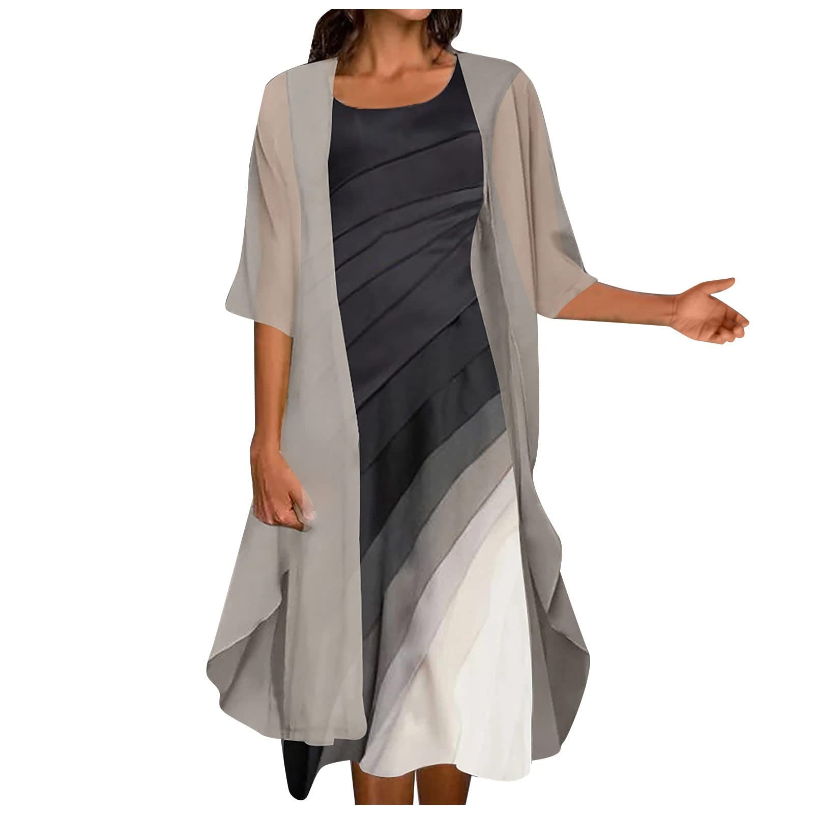 FAVIPT Women's Floral Two-Piece Dress Set - Chiffon Long Cardigan & Sleeveless O-Neck Dress for Summer, Wedding Guest & Special Occasions | Elegant Outfit for Beach Vacations, Garden Parties & Date Nights
