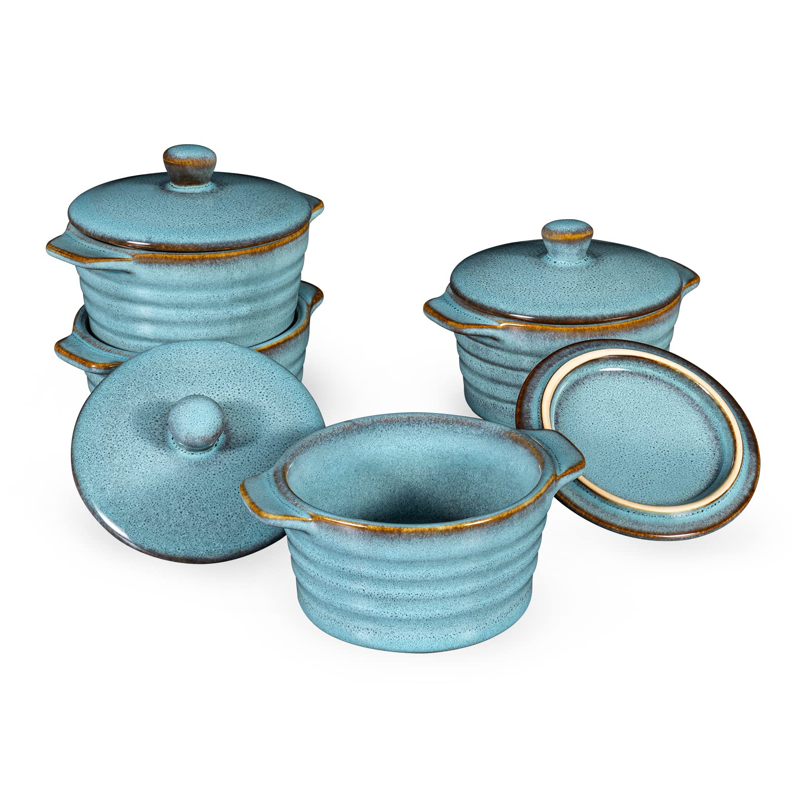 8 oz Creme Brulee Ramekins with Lids - Oven Safe Ceramic Bowls for French Onion Soup, Souffle & Pot Pie - Set of 4 Mini Covered Casserole Dishes in Reactive Blue | Perfect for Baking, Serving & Entertaining
