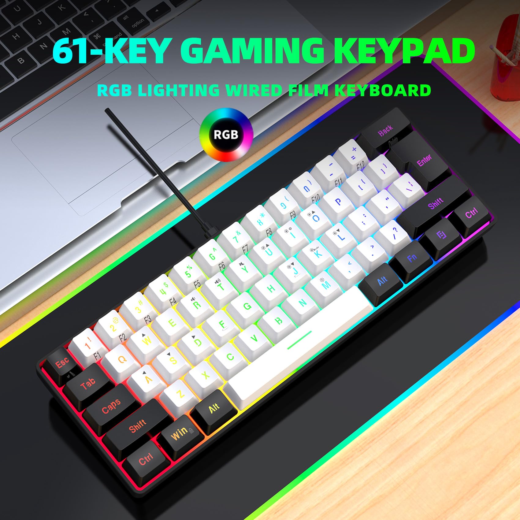 SNPURDIRI 60% Wired Mechanical Gaming Keyboard - 61 Key RGB Backlit Ultra-Compact Keyboard for PC & Mac Gamers, Typists & Office Work | Portable Travel Keyboard for Business Trips & Small Spaces (Black-White) | Perfect for Esports, Coding & Home Office Setup