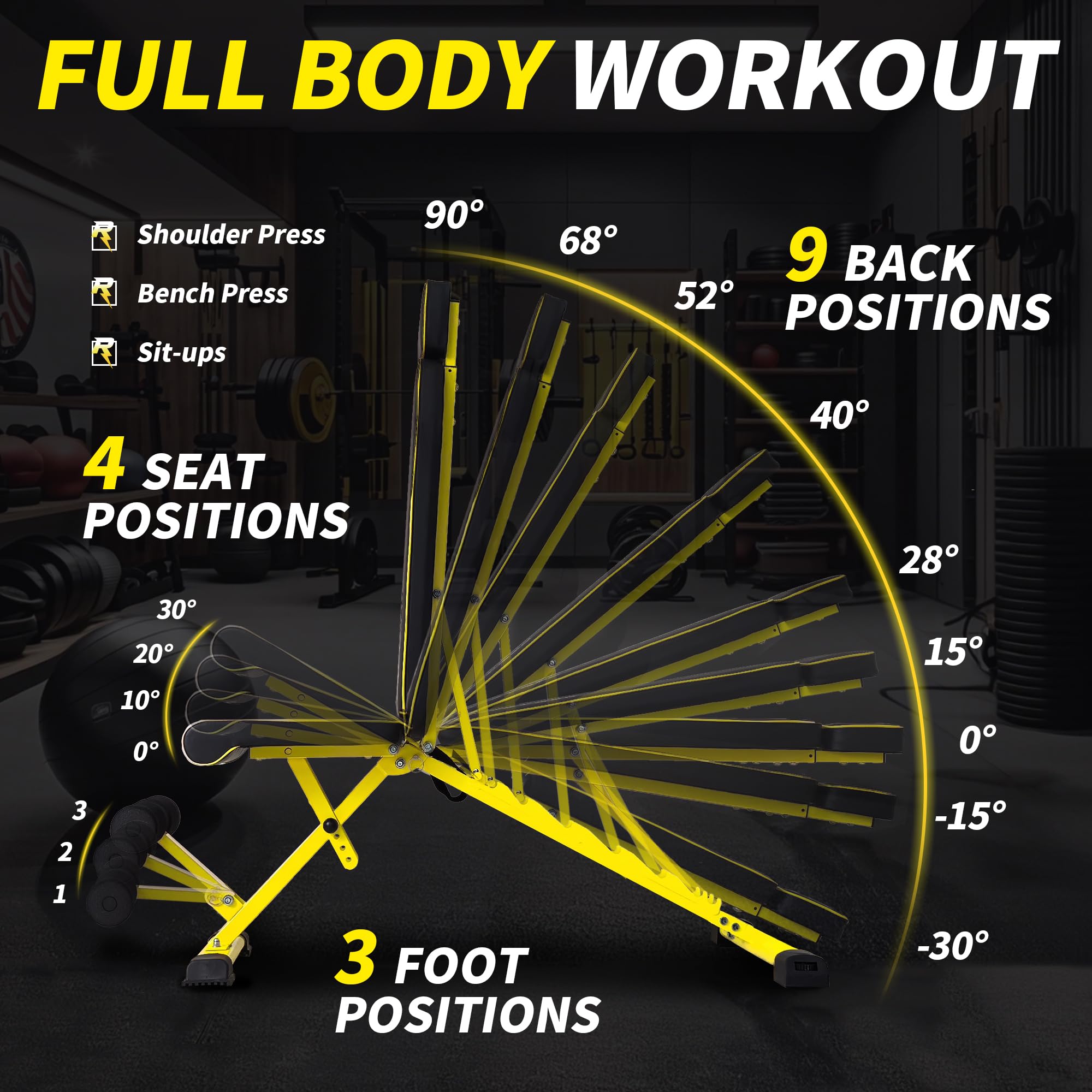 Adjustable Weight Bench 1000LB Capacity - Fast Folding Home Gym Workout Bench for Strength Training | Incline/Decline/Flat Utility Bench Press for Full Body Exercise | Compact Upright Storage | Ideal for Home Gym, Garage Workouts & Personal Training (Yellow)