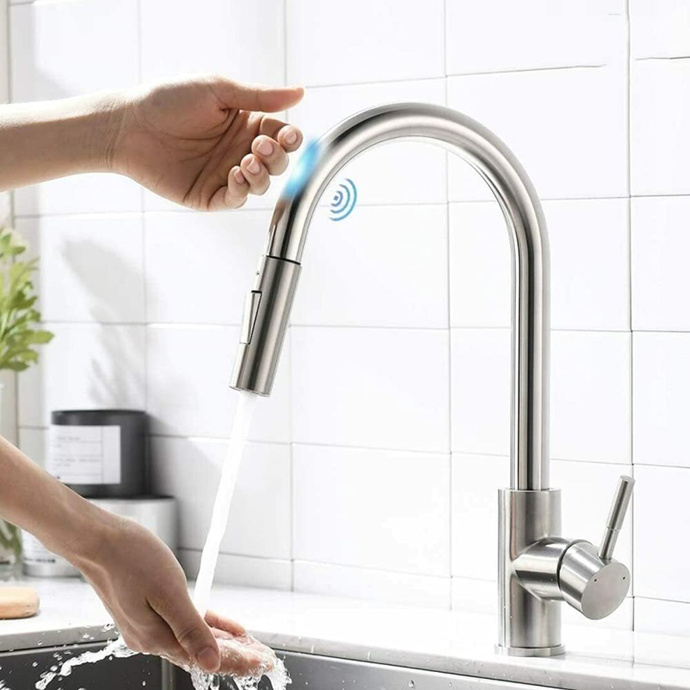HTSSM Smart Sensor Kitchen Faucet - Black Stainless Steel Pull Out Sprayer with Touch Control & Motion Induction Technology for Modern Sinks (Silver) - Perfect for Hands-Free Dishwashing, Cooking & Cleaning in Contemporary Kitchens