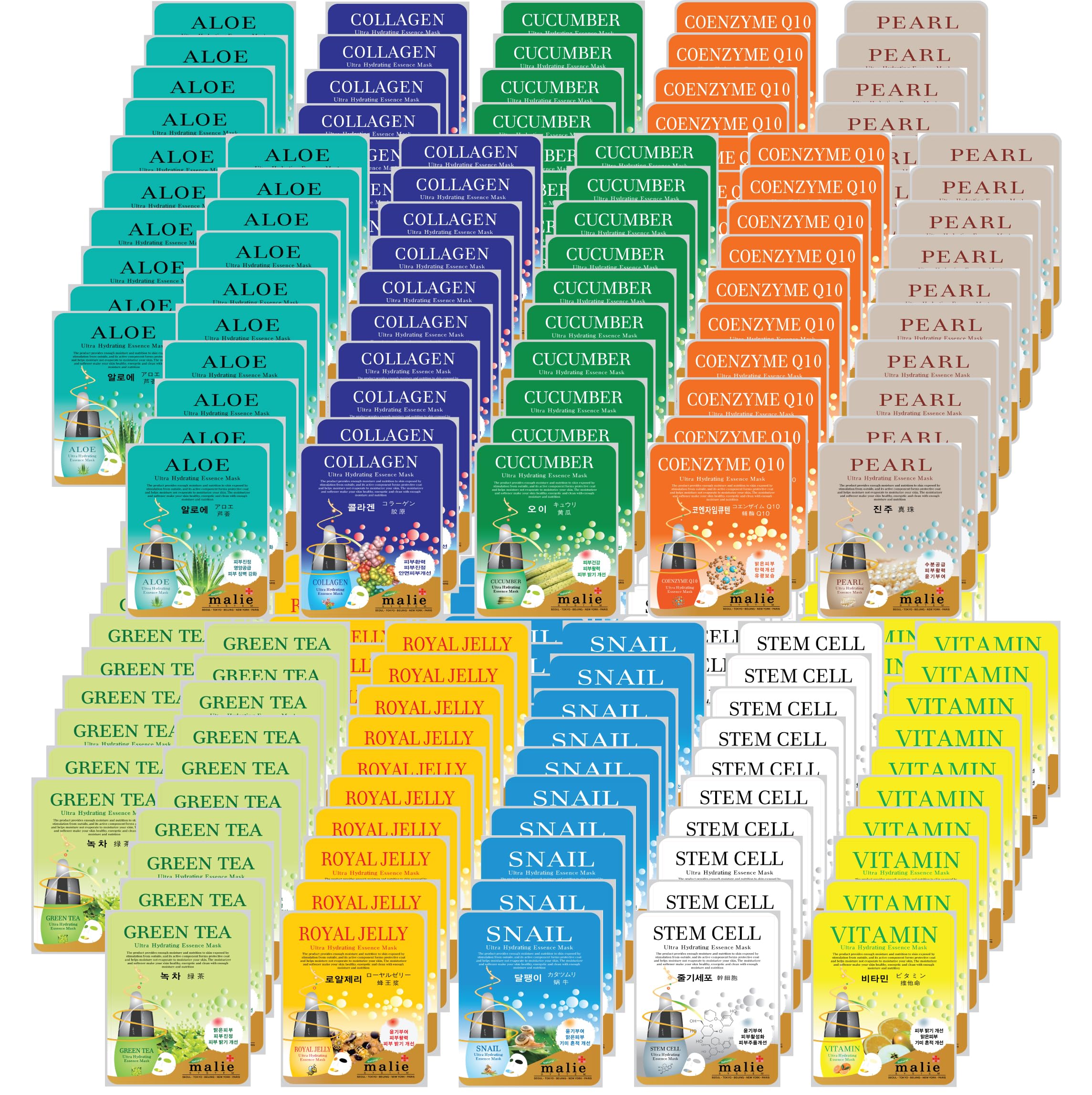 200 Pcs Korean Essence Facial Mask Sheet - Ultra Hydrating, Moisturizing Skincare Treatment (20 x 160 Types) for Dry Skin, 20 Minute Facial Care - Perfect for Spa Day, Travel & Night Routine