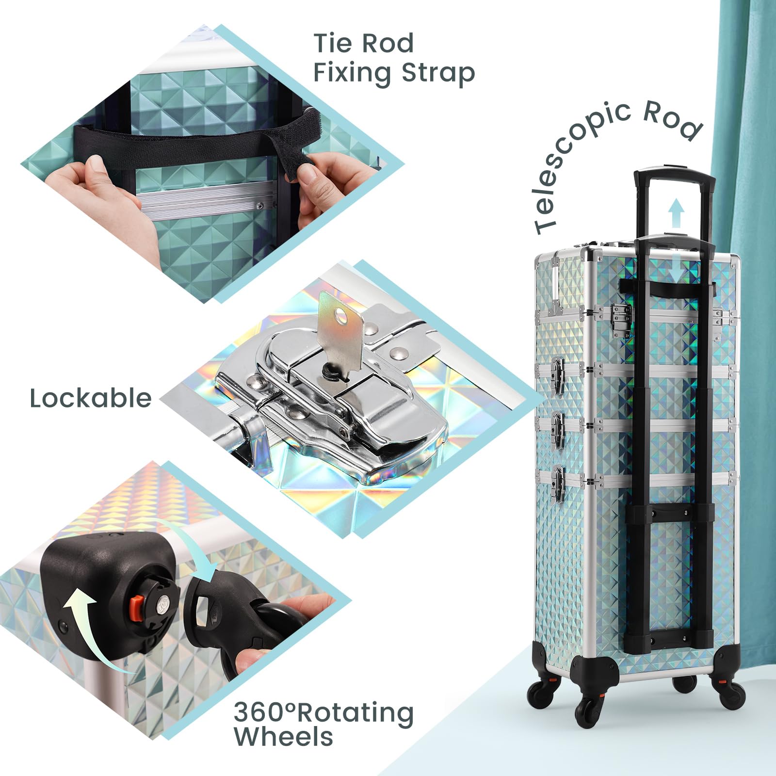 4-in-1 Rolling Makeup Case with Wheels - Professional Cosmetic Trolley & Cosmetology Cart for Makeup Artists, Hairstylists, Nail Techs & Salons - Large Capacity Turquoise Beauty Organizer - Perfect for Mobile Makeup Services, Salon Storage & Travel Cosmetics Organization