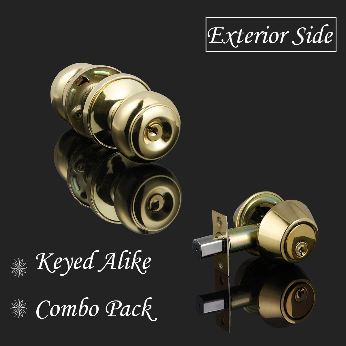 (3 Pack) Keyed Alike Entry Door Knobs with Double Cylinder Deadbolt Lock Set - Polished Brass Finish for Front Door & Entrance Security - Perfect for Homes, Apartments & Offices