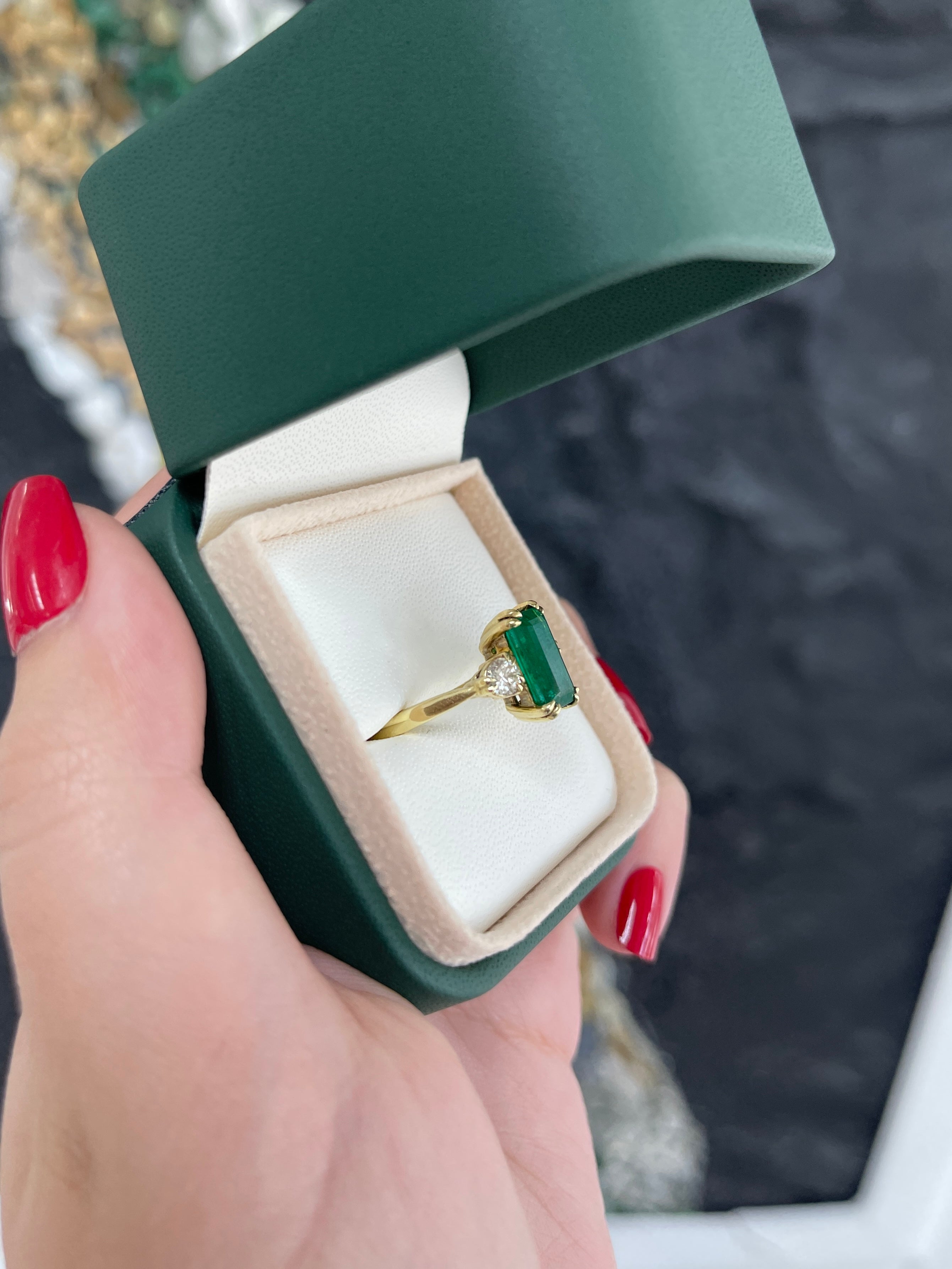 2.78tcw 18K Gold Natural Emerald Cut & Brilliant Round Diamond Three Stone Ring - Deep Dark Alpine Green Gemstone Jewelry for Engagement, Wedding & Anniversary Gifts