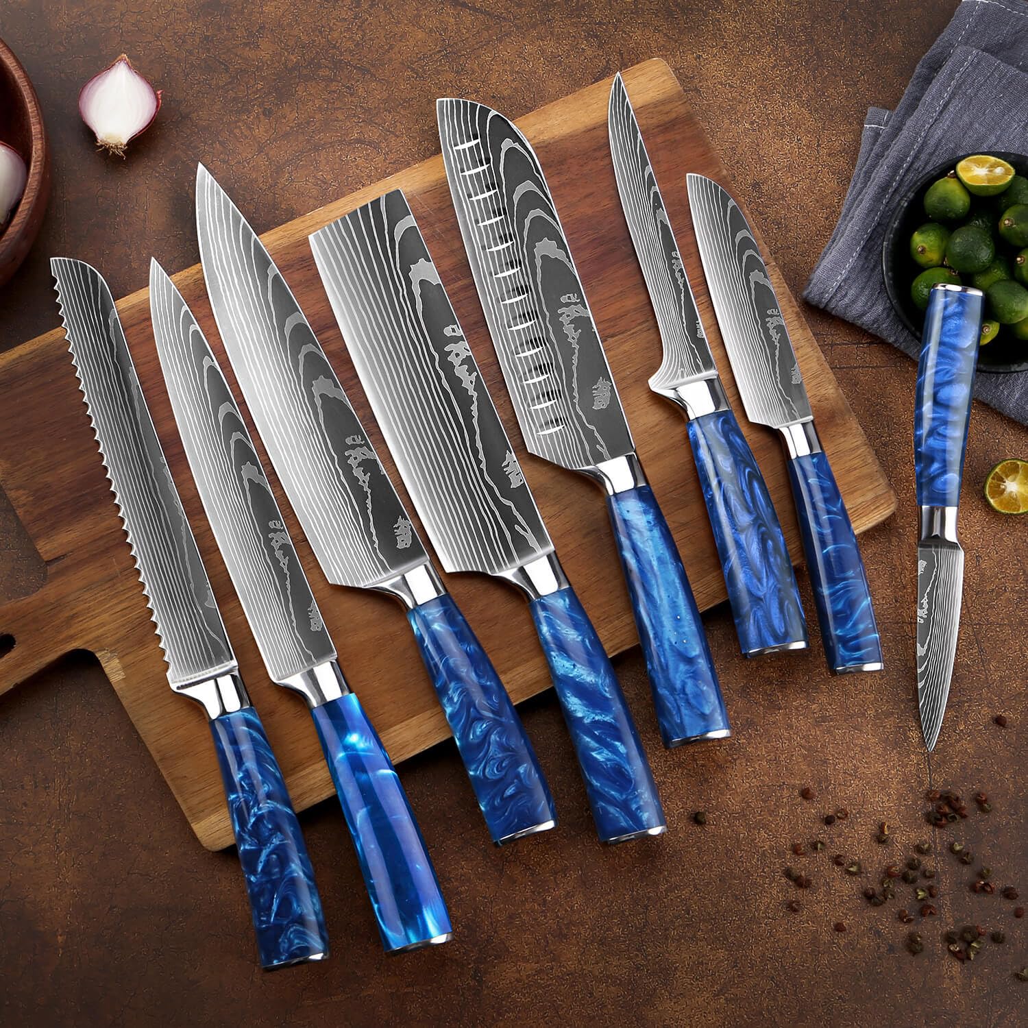 Premium 8-Piece Japanese Knife Set with Blue Resin Handle & Laser Damascus Blades - Chef Knife, Santoku, Bread & Paring Knives for Professional Cooking & Home Kitchen Use