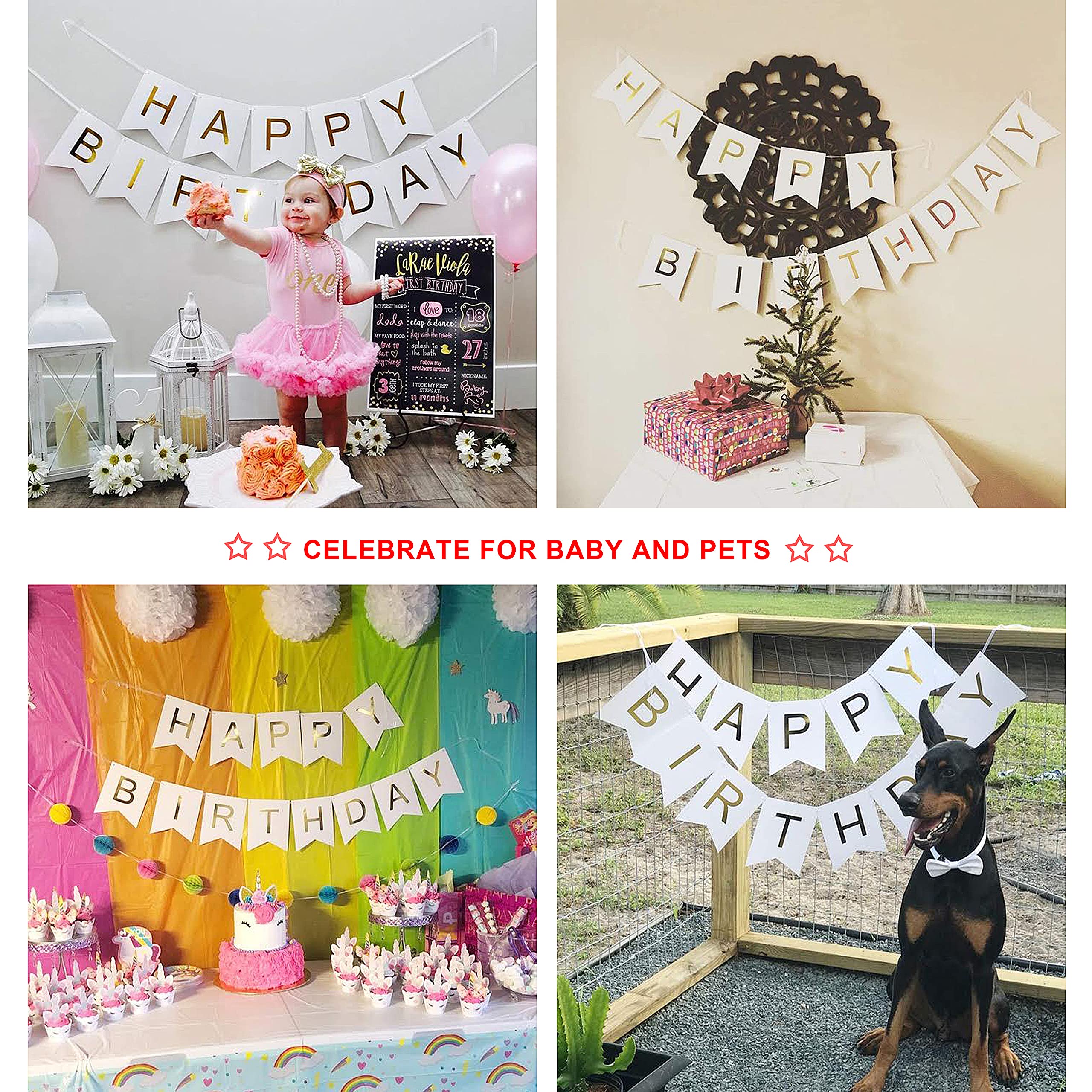 Clever Monster White Happy Birthday Banner - Gold Glitter Letter Party Decorations for Birthday Celebrations, Baby Showers & Special Events