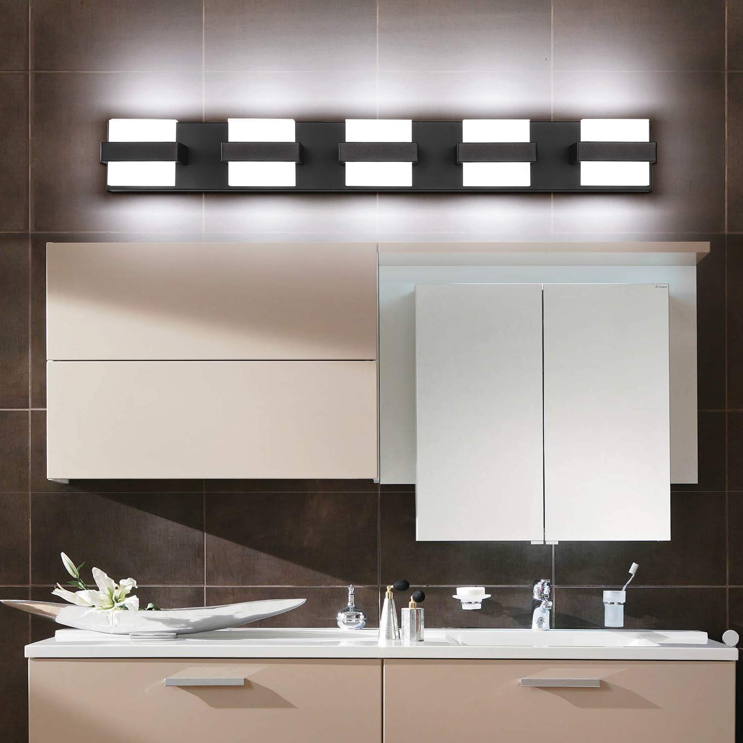 SOLFART 34 Inch 5-Light Black Modern LED Bathroom Vanity Light Fixture - Non-Dimmable White Light for Mirror Lighting, Perfect for Bathroom, Powder Room, and Dressing Area Illumination