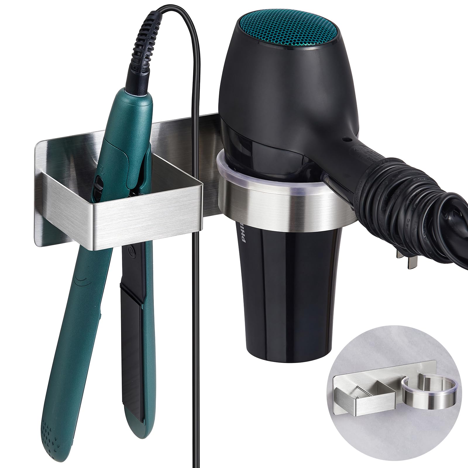 Stainless Steel Hair Dryer Holder & Hair Tool Organizer - Wall Mounted Blow Dryer Stand with Adhesive for Flat Iron, Curling Iron & Hair Styling Tools - Perfect for Bathroom, Salon & Home Organization