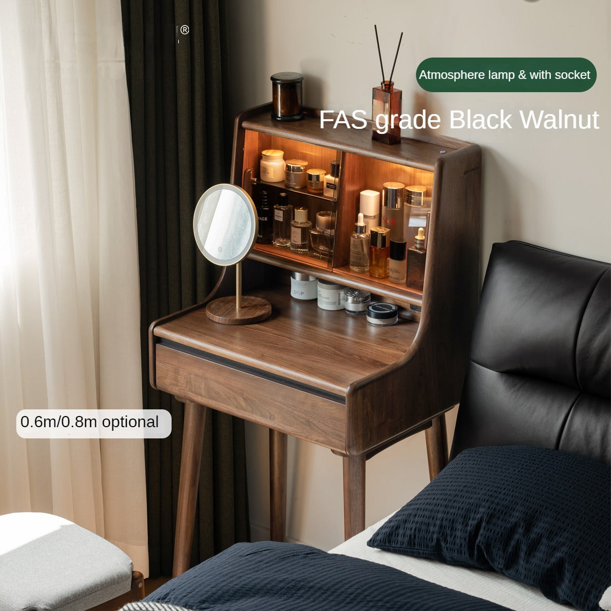 Black Walnut Solid Wood Lighted Vanity Dressing Table with Mirror - Elegant Makeup Desk for Bedroom, Bathroom, or Boudoir