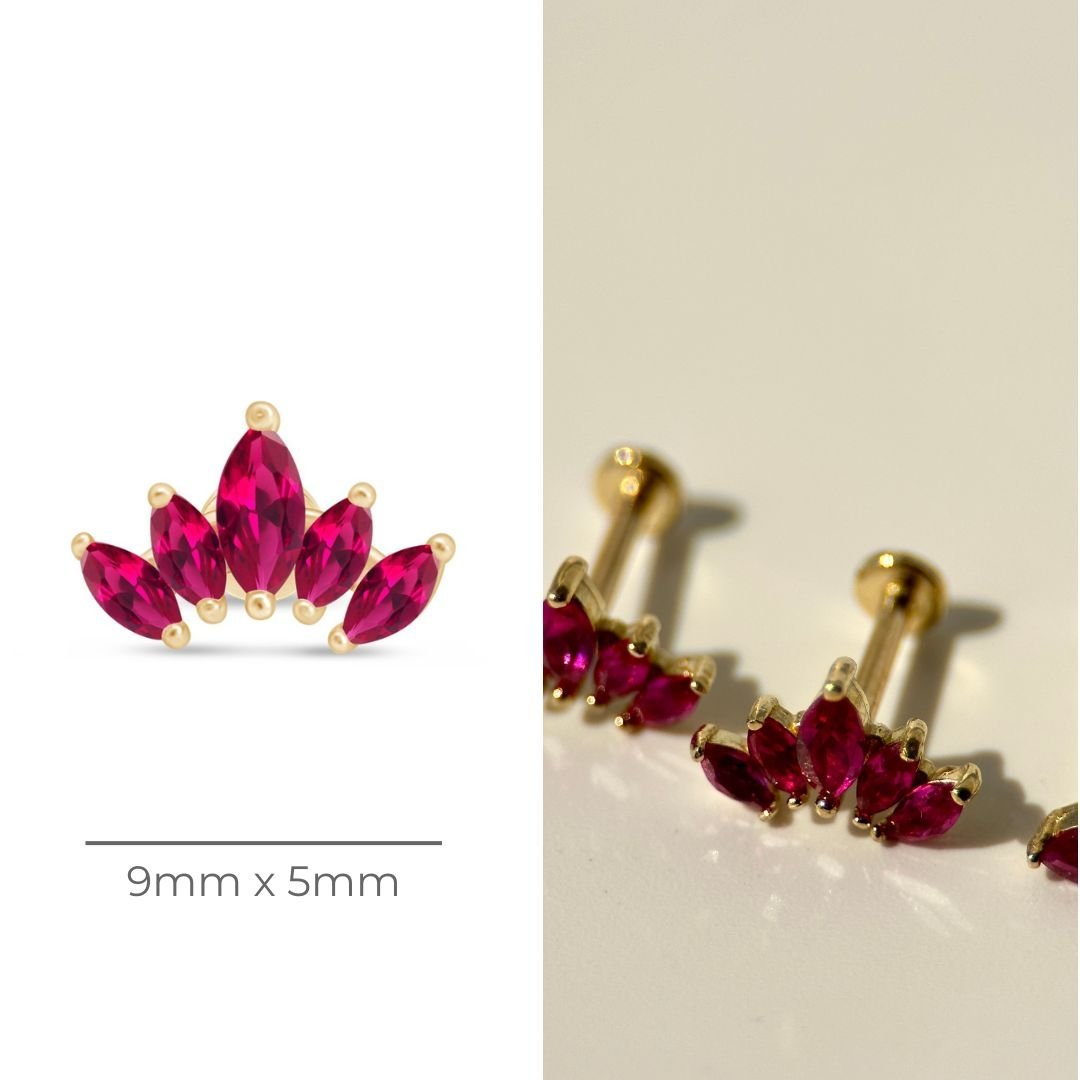 14K Yellow Gold Marquise Cut Ruby Lotus Stud Earrings - Five Petal Flower Design, Flat Back for Comfort - Perfect for Weddings, Parties & Everyday Elegance