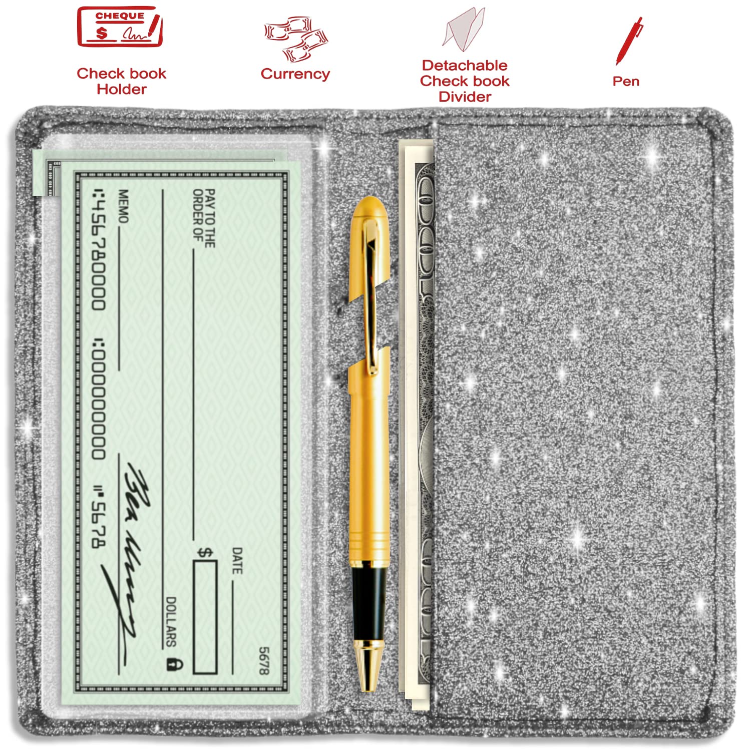Sanlykate RFID Blocking Glitter Checkbook Cover for Women - PU Leather Standard Checkbook Case with Pen Holder & Free Divider (Silver) - Perfect for Everyday Banking, Bill Payments & Financial Organization