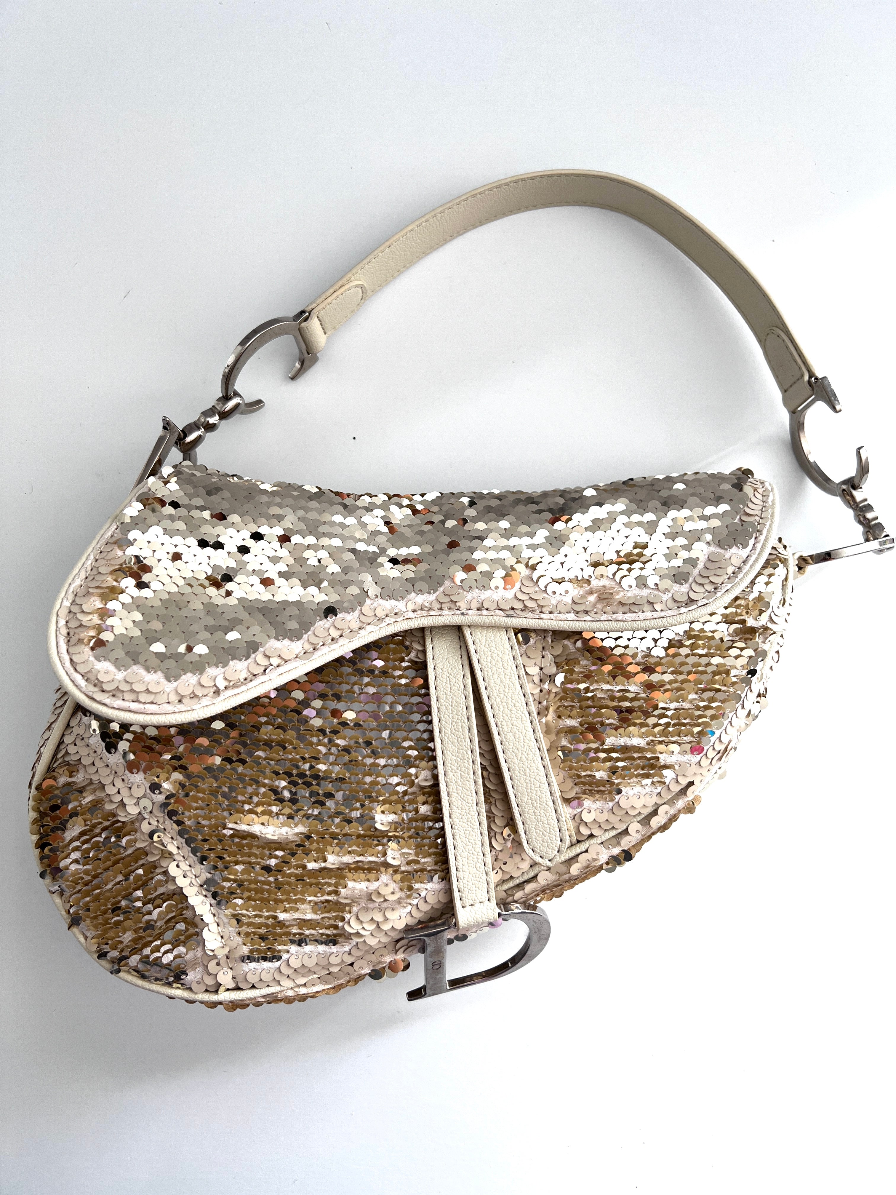Vintage Dior Cream Reversible Sequin Saddle Bag - Matte & Radiant Finish | Luxury Crossbody Purse for Evening Parties, Weddings & Special Occasions