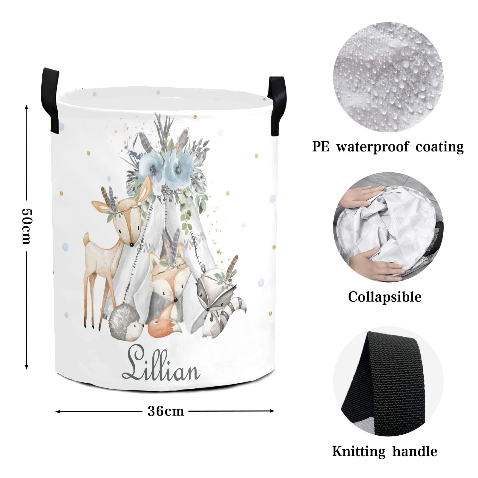 Personalized Woodland Animals Blue Laundry Basket with Handles - Waterproof Collapsible Clothes Hamper for Boys, Large Capacity Storage Organizer for Bedroom & Bathroom Decor | Perfect for Kids' Room, Nursery, and Dorm Organization