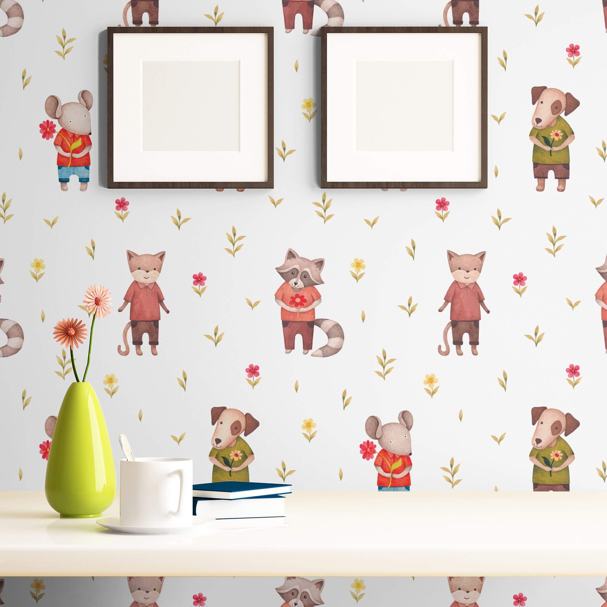 Green and Red Animals Children's Peel and Stick Removable Wallpaper 0340 - Fun Nursery Decor for Kids' Rooms & Play Areas