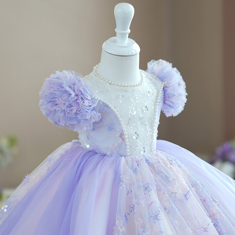 Lilac Tulle A-Line Flower Girl Dress with Beaded Details - Perfect for Weddings, Pageants & Special Occasions