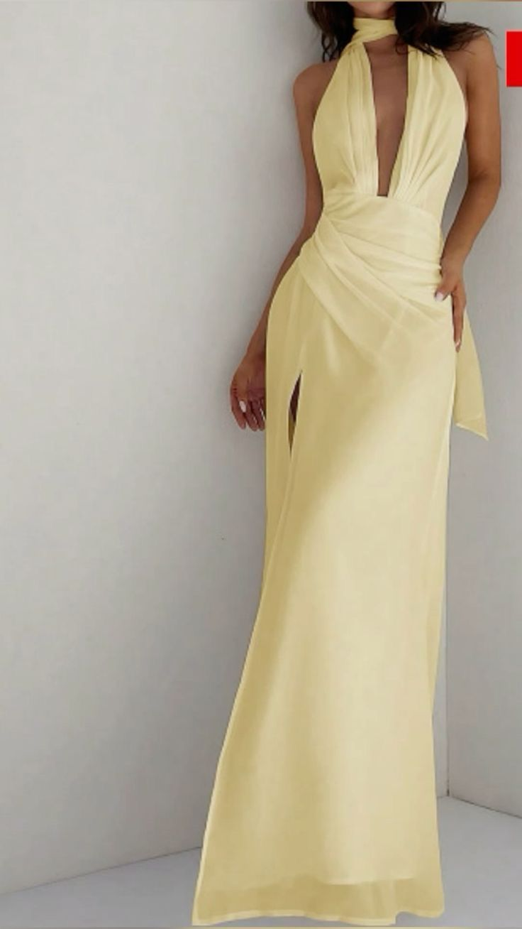 Deep V Neck Yellow Slit Prom Dress - Elegant Formal Evening Gown for Birthday Party, Homecoming, Quinceañera & Special Occasions | Style J6095