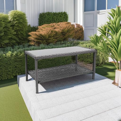 Outdoor Coffee Side Table with Glass Top - All-Weather Wicker Patio End Table for Garden, Balcony & Deck - Gray Rectangle Storage Table for Drinks, Books & Decor