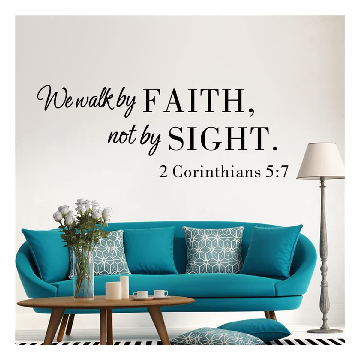Inspirational Bible Verse Wall Decal - 'We Walk By Faith Not By Sight' 2 Corinthians Vinyl Quote Sticker for Home Decor, Living Room, Bedroom (Black) - Perfect for Christian Home Decor & Prayer Spaces