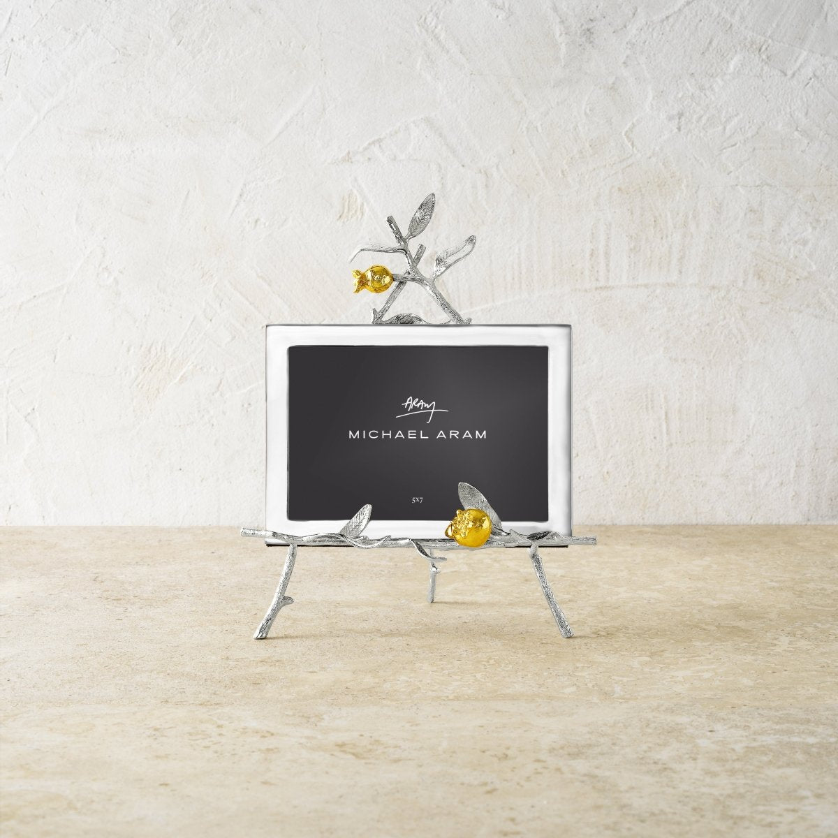 Elegant Pomegranate Silver & Gold Easel Frame - Perfect for Displaying Photos, Artwork, and Keepsakes at Home, Office, or Wedding Decor