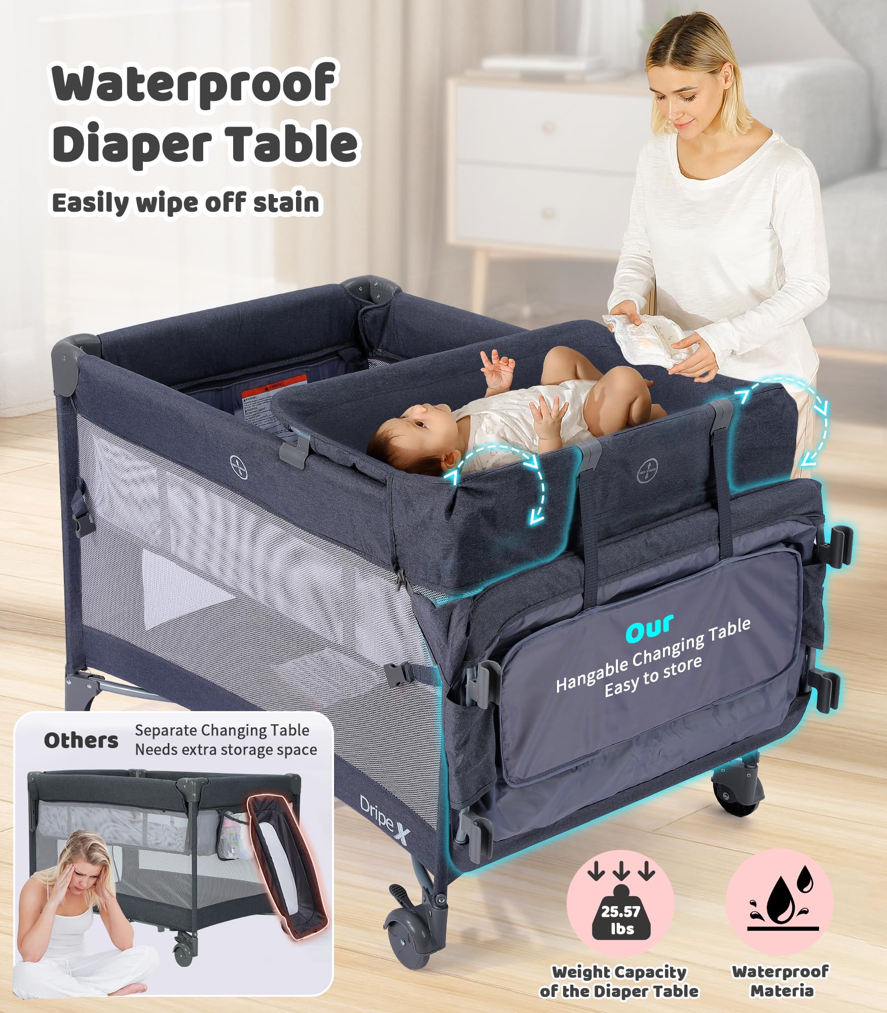 Dripex 5-in-1 Baby Bassinet & Bedside Sleeper with Diaper Changer, Rocking Function, Foldable Playard - Adjustable Height Portable Crib for Newborns to Toddlers (Dark Grey) | Perfect for Nursery, Bedroom Co-Sleeping & Travel
