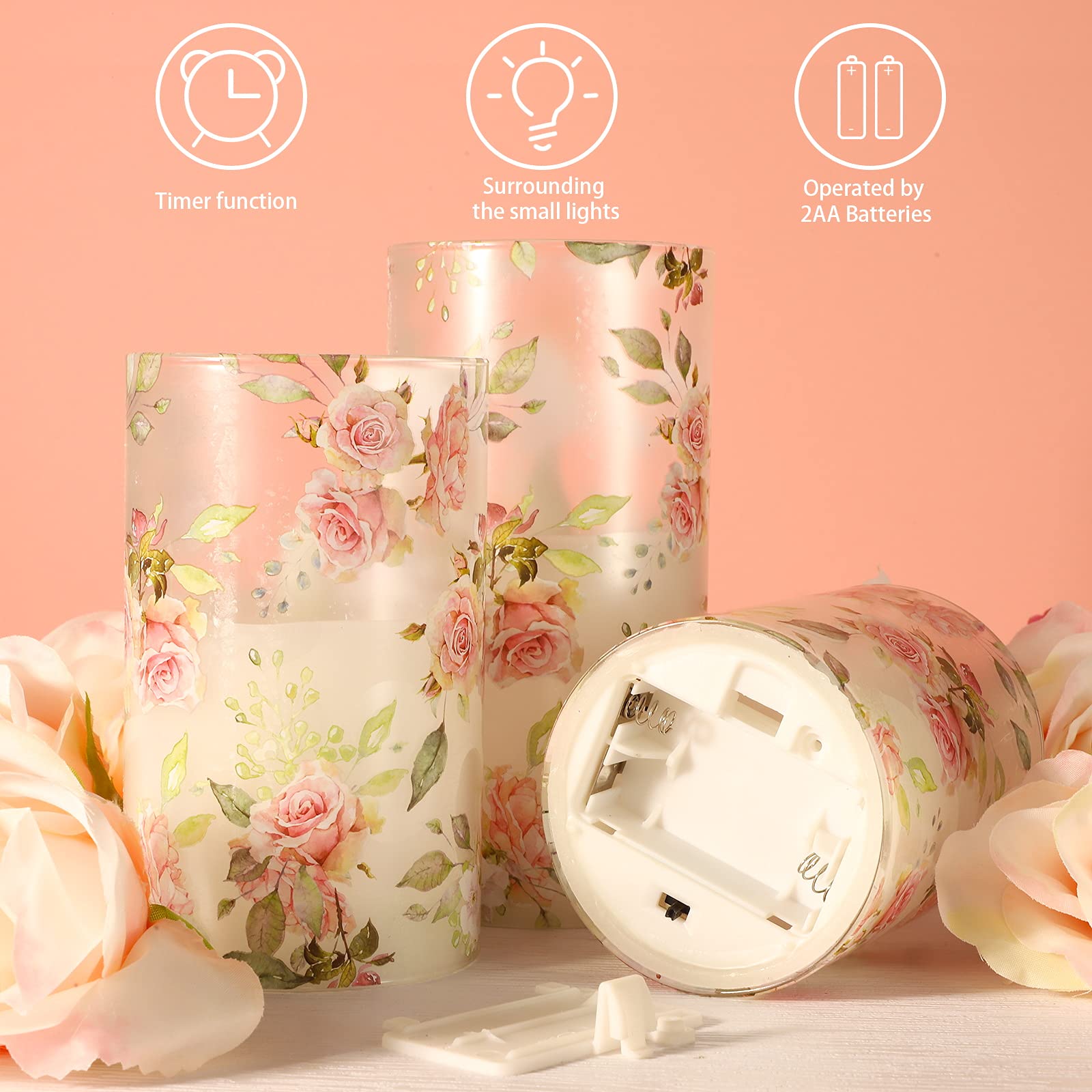 Pink Flameless LED Candles with Remote & Timer - Realistic Flickering Glass Pillar Candles for Valentine's Day, Mother's Day Gifts, Wedding Centerpiece, Romantic Dinner Decor, Home Table Ornaments