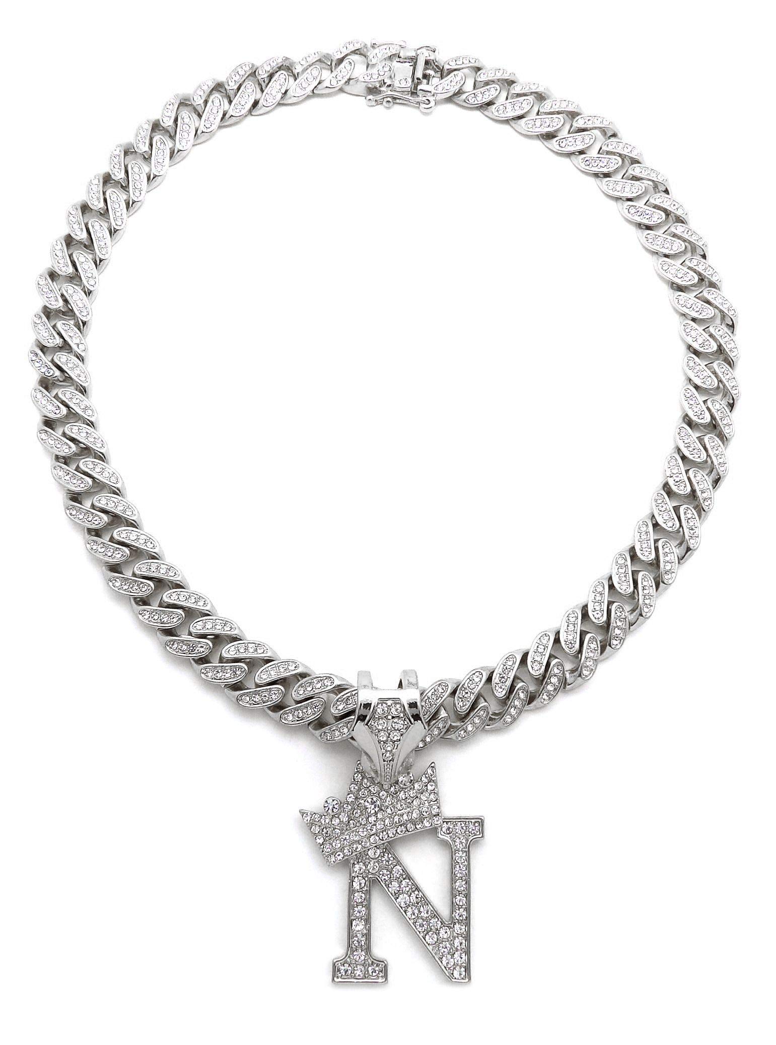 NYFASHION101 Iced Out Initial Pendant Necklace - 12mm Miami Cuban Chain with Stone Stud Crown - Perfect for Gifts, Parties & Hip-Hop Fashion