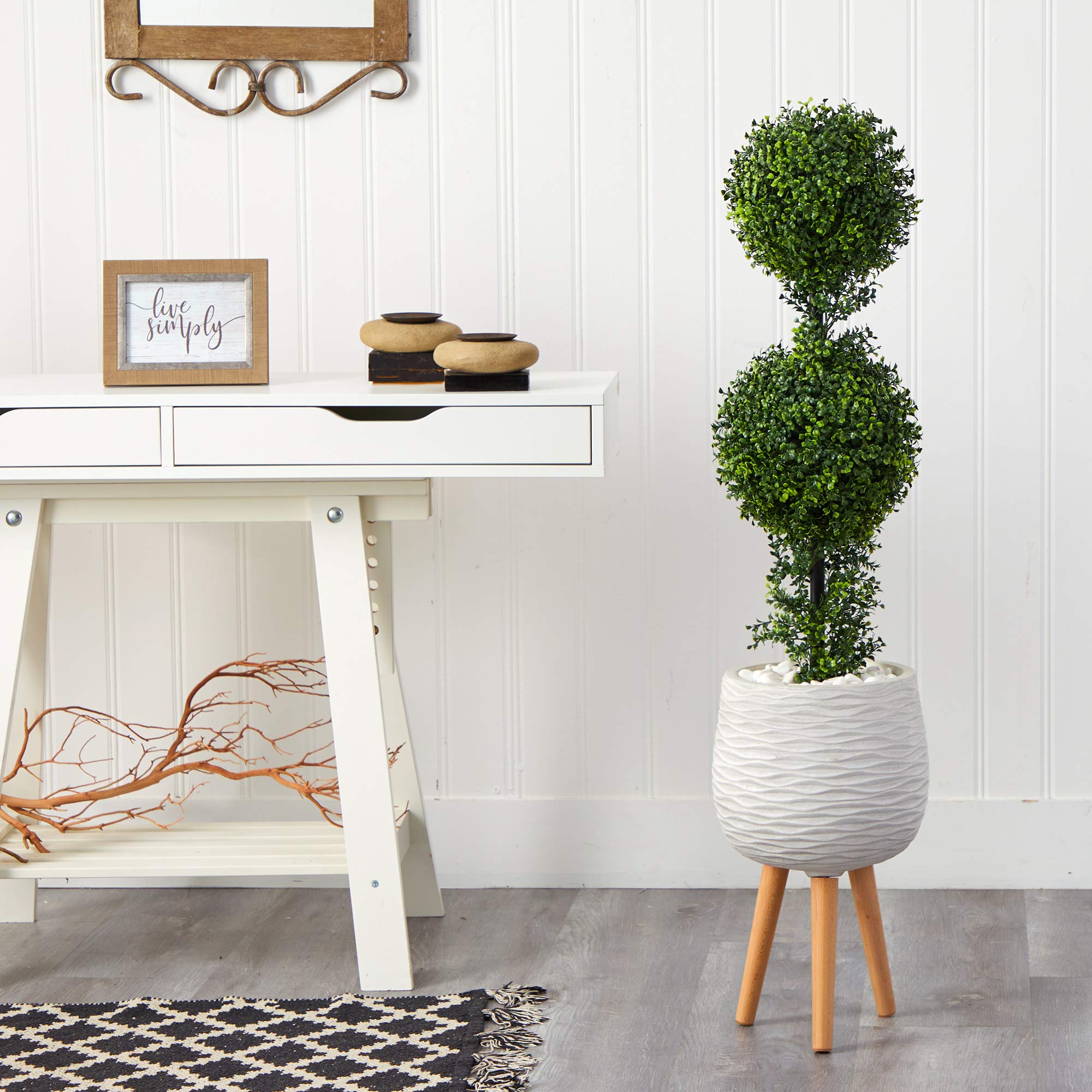 Nearly Natural 4ft Artificial Boxwood Double Ball Topiary Tree in White Planter with Stand - Indoor Outdoor Decor for Patio, Garden, Porch, Living Room & Office