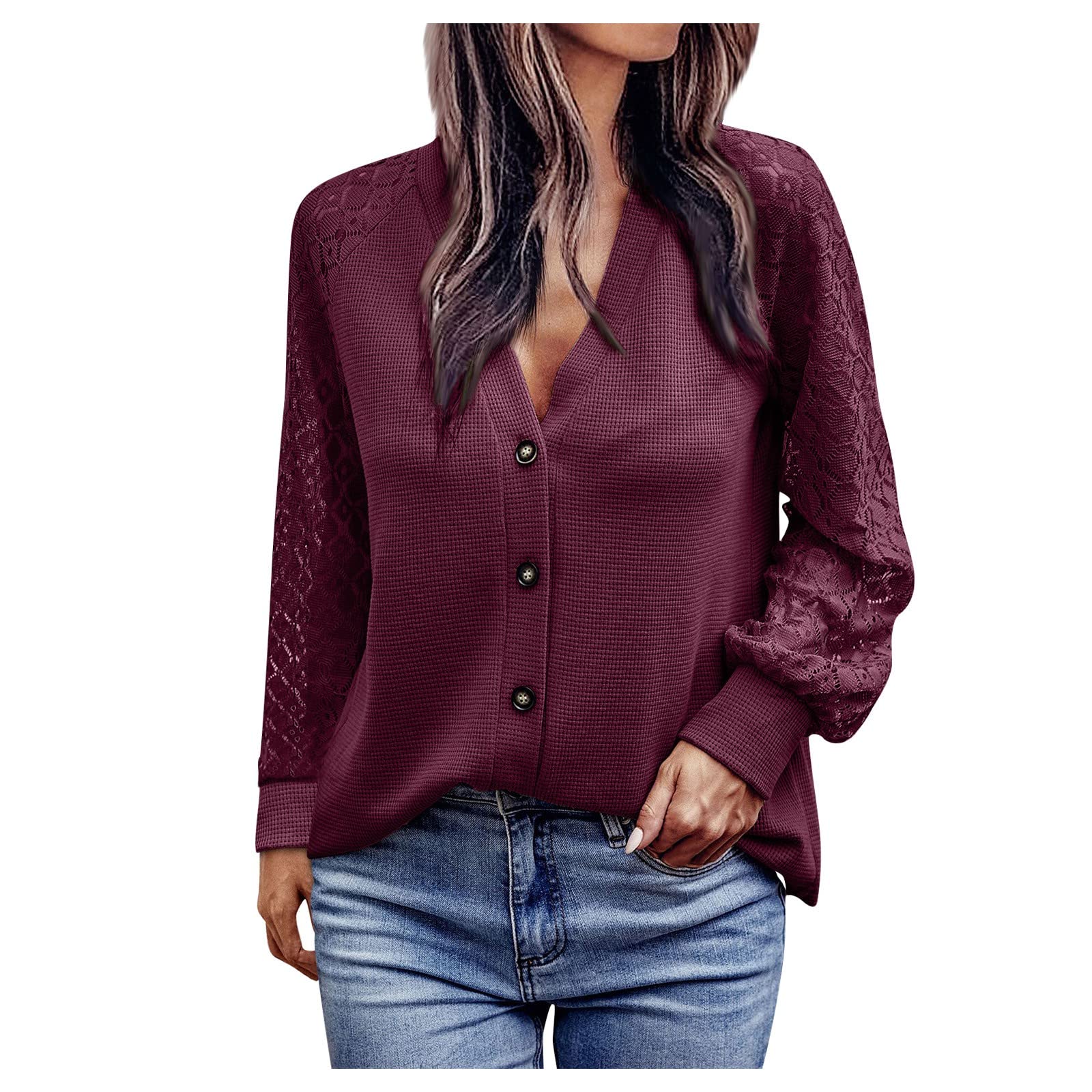 PEALGBI Women's Trendy Patterned Athletic Long Sleeve Tops - Flowy Ruched Blouse for Summer & Fall - Wine Red Cardigan Jacket for Casual Outings, Work & Date Nights