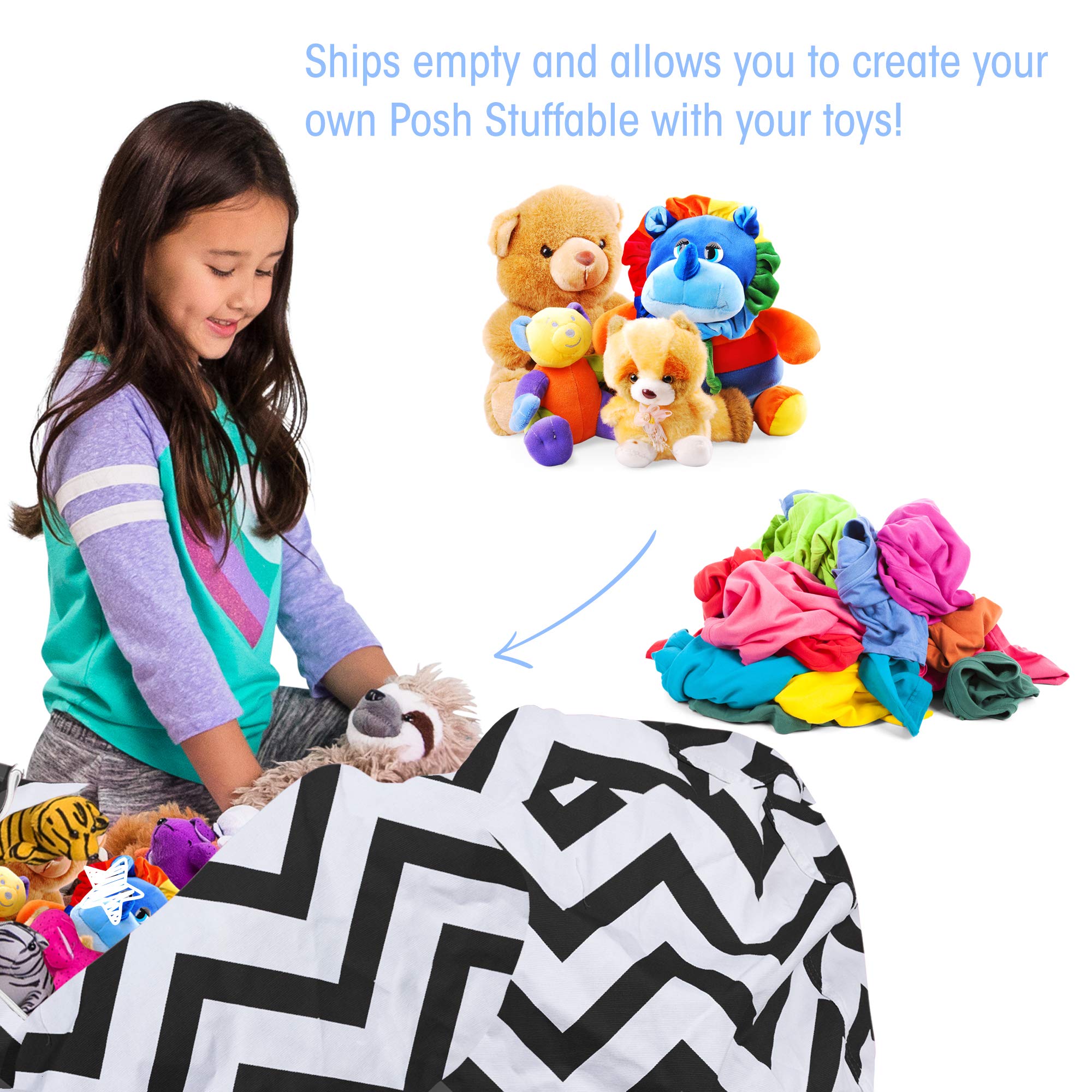 Posh Creations Kids Stuffed Animal Storage Bean Bag Chair Cover - XL 48in Toy Organizer for Children's Room, Durable Canvas Chevron Black & White Design - Perfect for Playroom, Bedroom & Nursery Organization