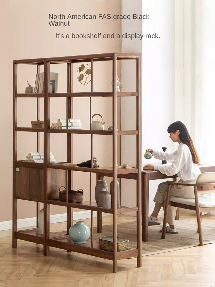 Solid Black Walnut & Ash Wood Bookshelf - Modern Bookcase with Display Cabinet & Wall Shelf for Living Room, Office & Library Storage