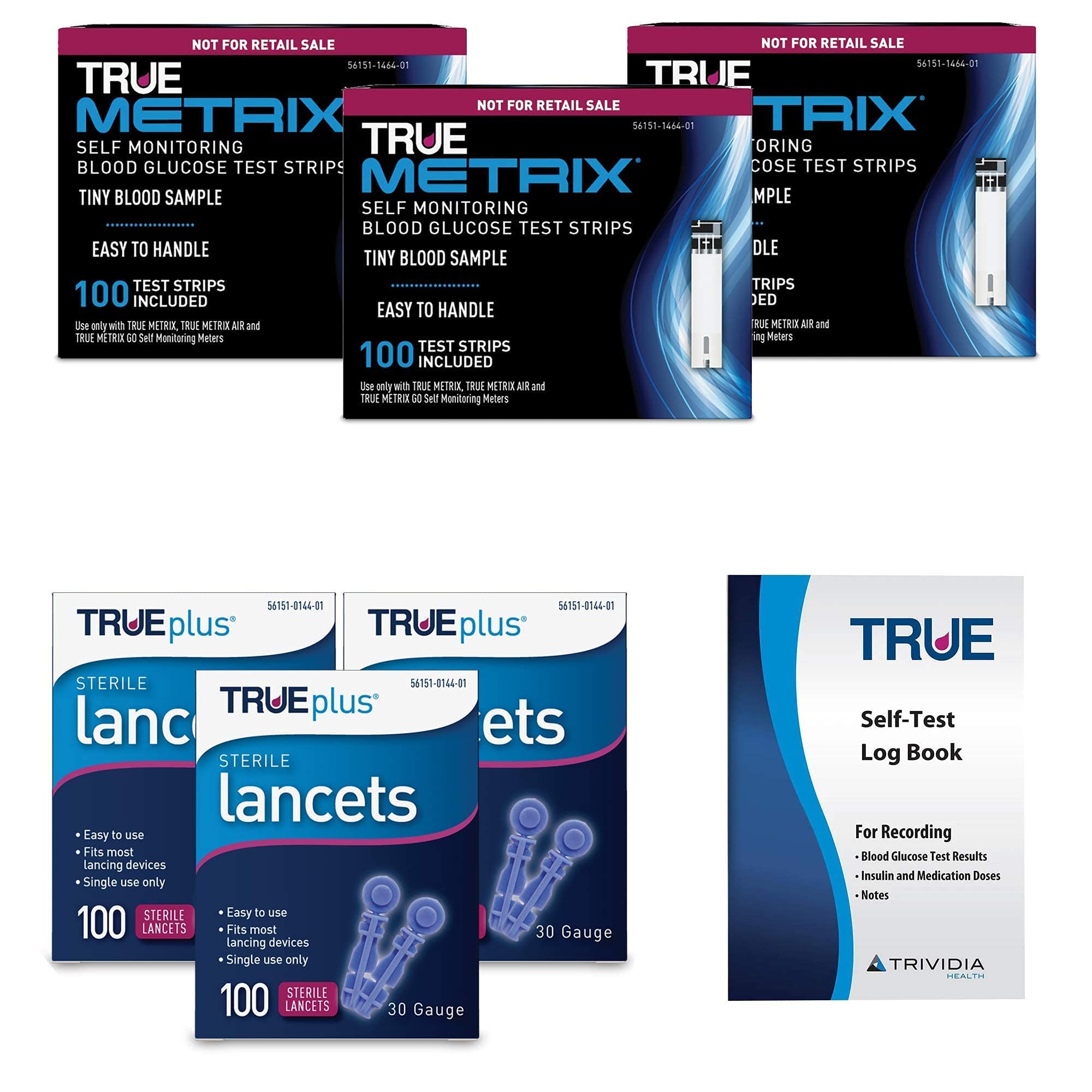 3X 100ct TRUE METRIX Blood Glucose Test Strips + 3X 100ct 30g TRUEplus Lancets + TRUEplus Diabetes Log Book Kit - Perfect for Daily Diabetes Monitoring at Home, Travel & Doctor Visits