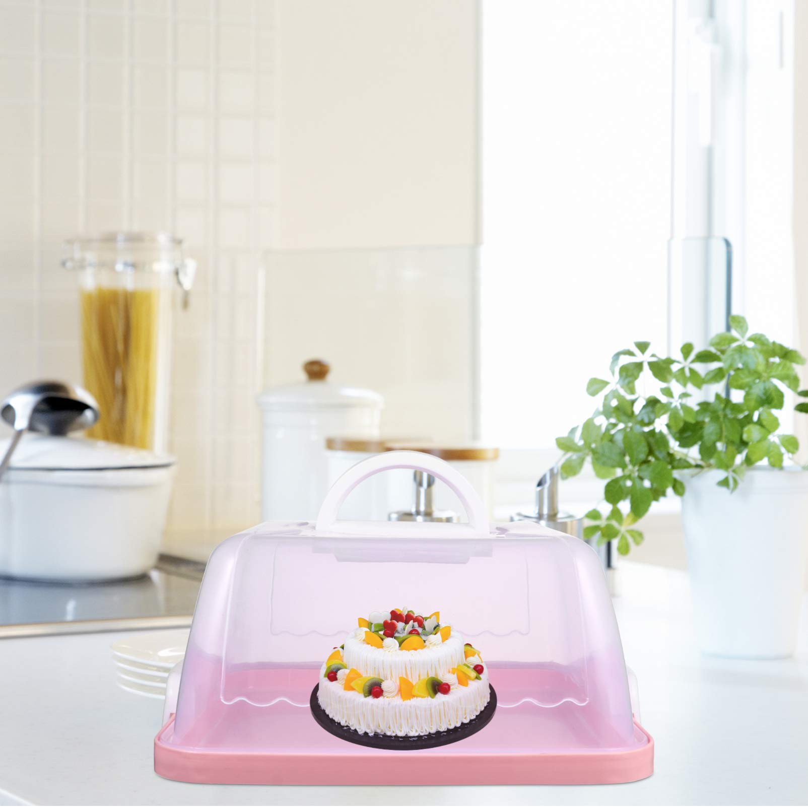 Pink Plastic Cake Carrier with Lid & Handle - Portable Square & Round Cake Container for Birthday, Wedding, Cupcakes - Food Storage Keeper Dome for Home, Bakery & Party Use