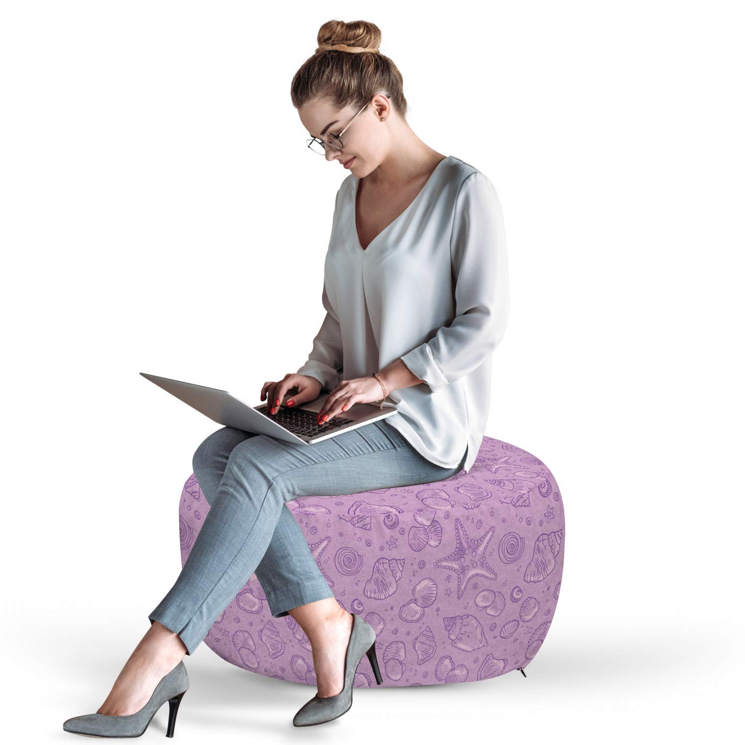Ambesonne Ocean Themed Pouf Cover with Zipper - Deep Sea Starfish, Shells & Aquatic Bubbles Print - Soft Decorative Fabric Unstuffed Case (30