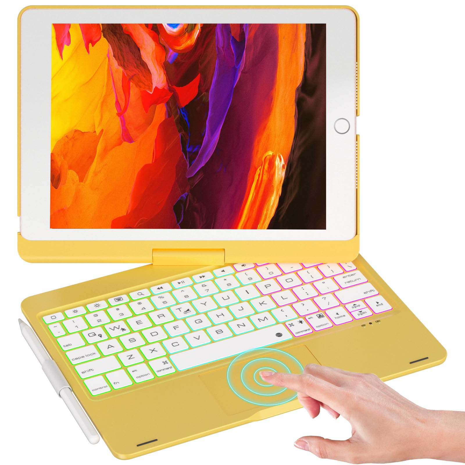 NOKBABO iPad 9th/8th/7th Gen Case with Bluetooth Keyboard - 360° Rotatable Stand, 7-Color Backlit Touchpad & Apple Pencil Holder | Compatible with iPad 10.2 inch & iPad Air 3rd Gen/iPad Pro 10.5 inch | Perfect for Work, Study & Travel (Yellow)