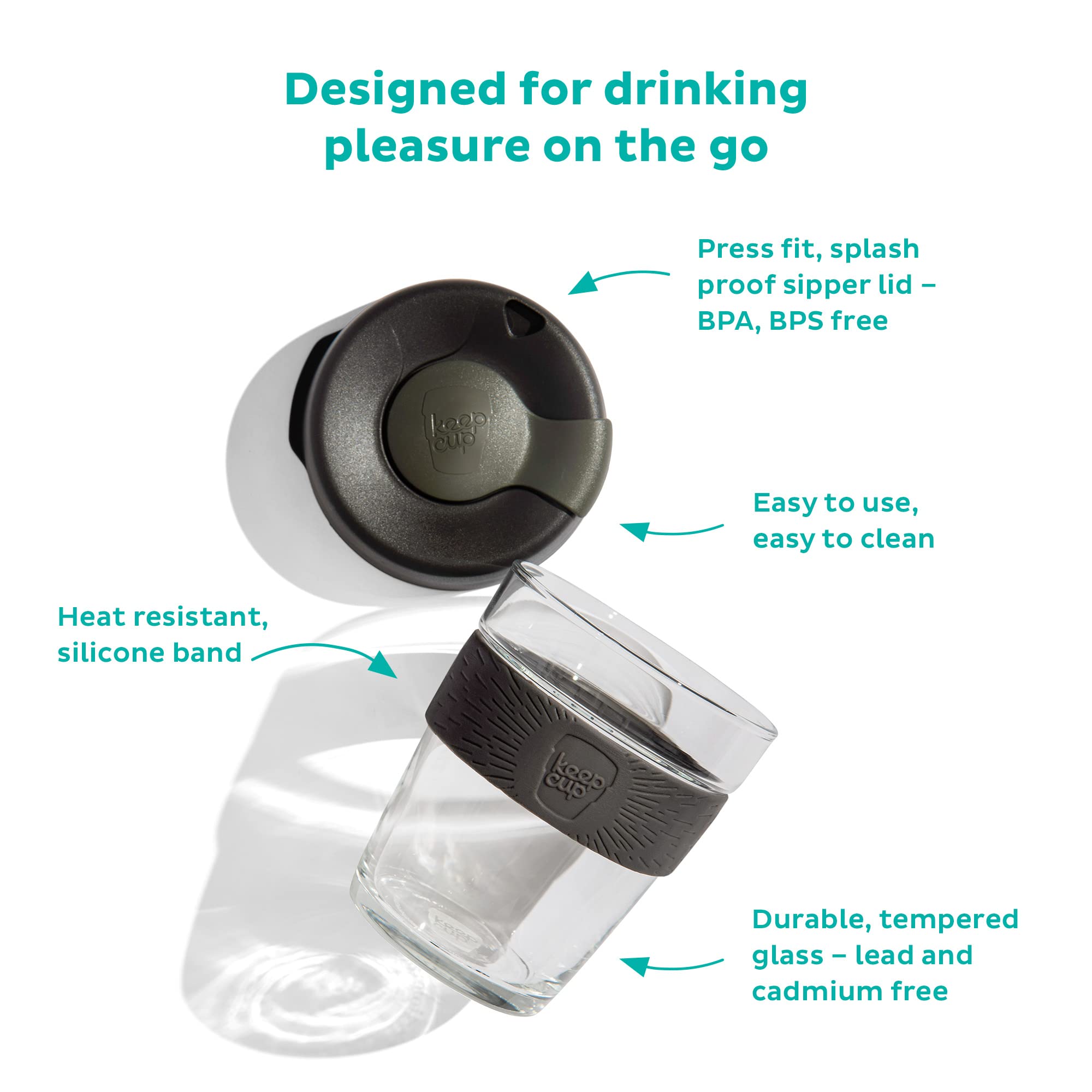 KeepCup 12oz Reusable Coffee Cup - Eco-Friendly Travel Mug with Toughened Glass & Non-Slip Silicone Band, 12-Ounce Medium Size, Perfect for Hot/Cold Drinks, Ideal for Office, Commuting & Outdoor Activities