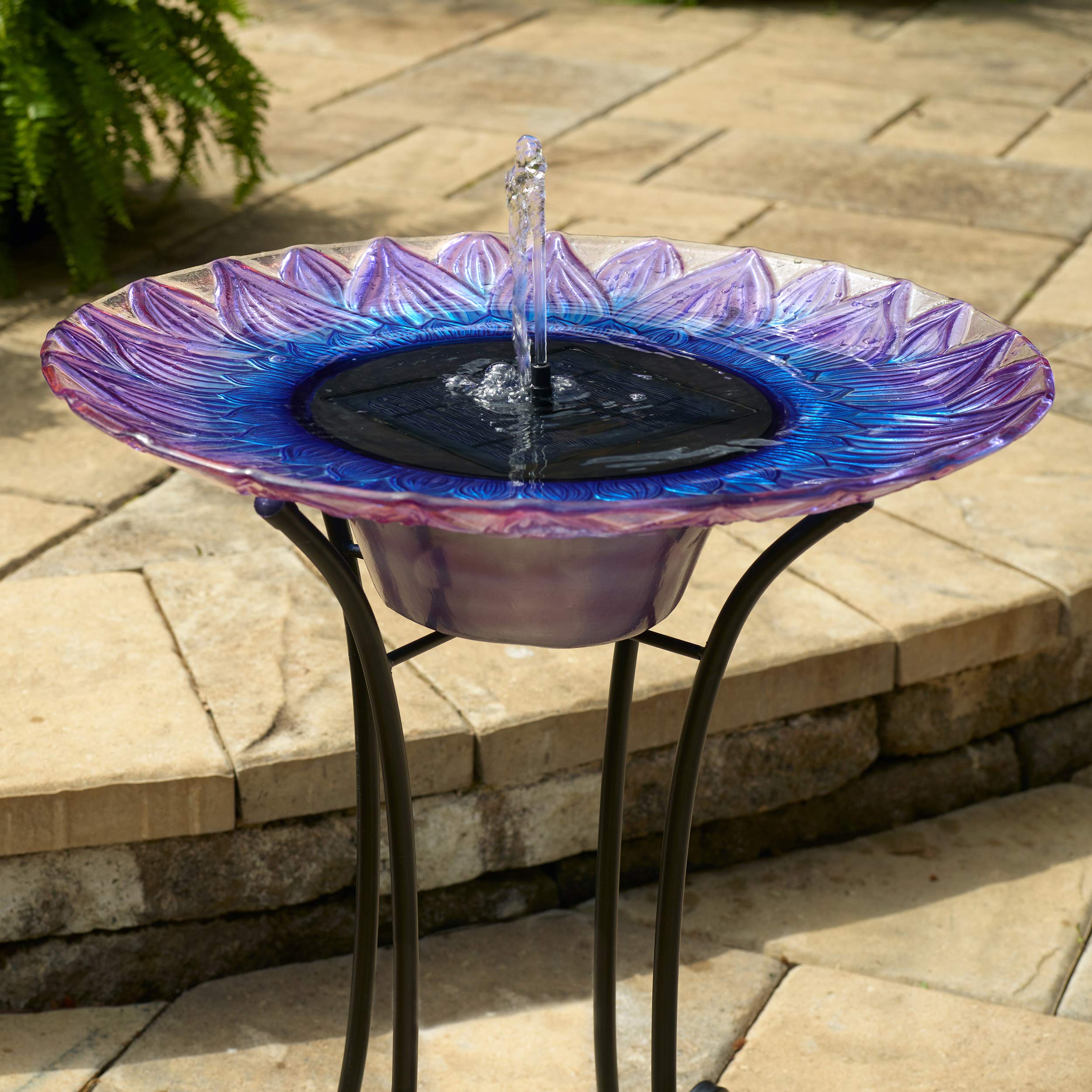 Smart Solar-Powered Birdbath Fountain with Patented Solar Panel & Pump System - Hand-Painted Glass Flower Design on Metal Stand (Blue/Purple) - Perfect for Garden, Patio, Yard Decoration & Attracting Birds
